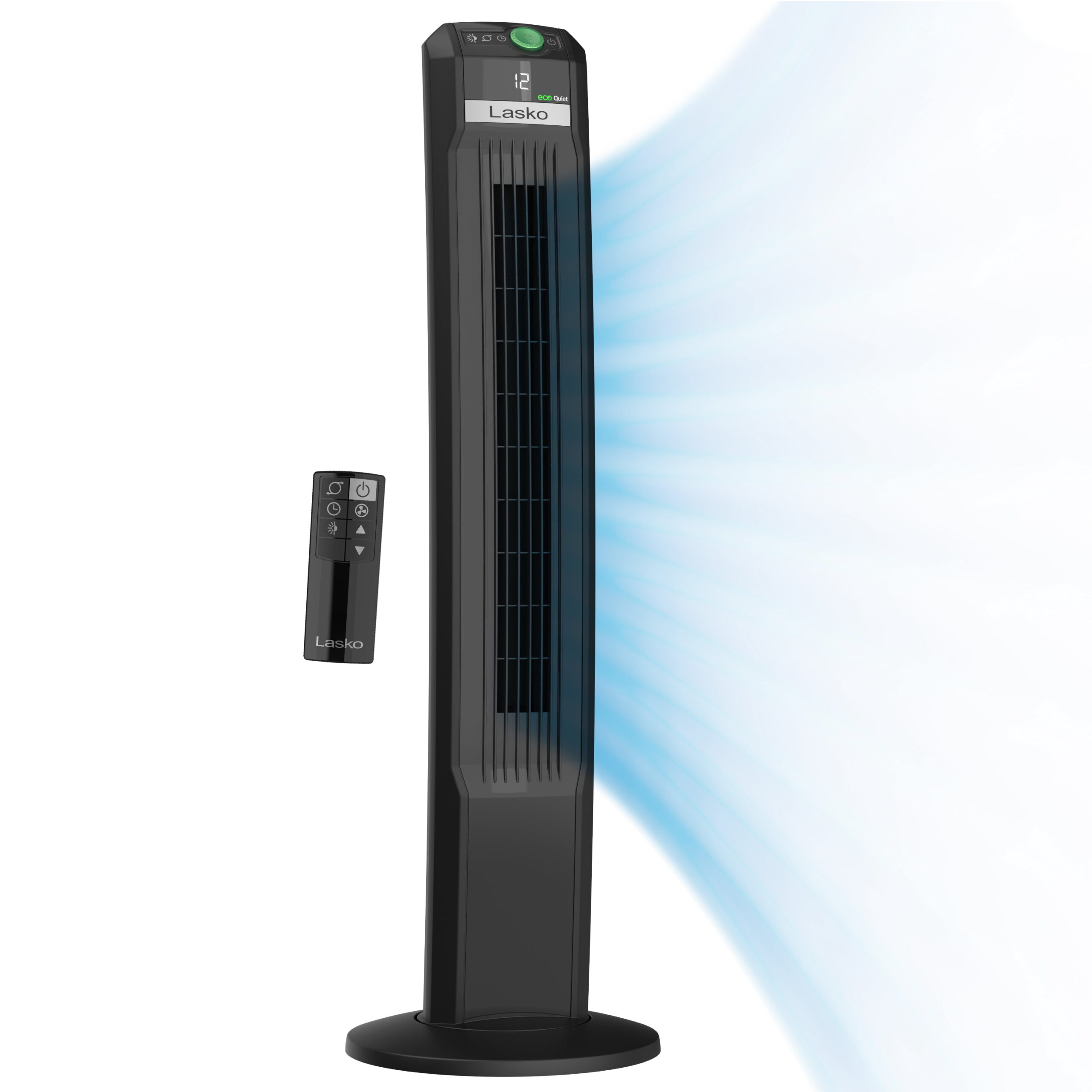 Lasko 42-inch 12-Speed EcoQuiet DC Motor Tower Fan with Remote. T42700. Black