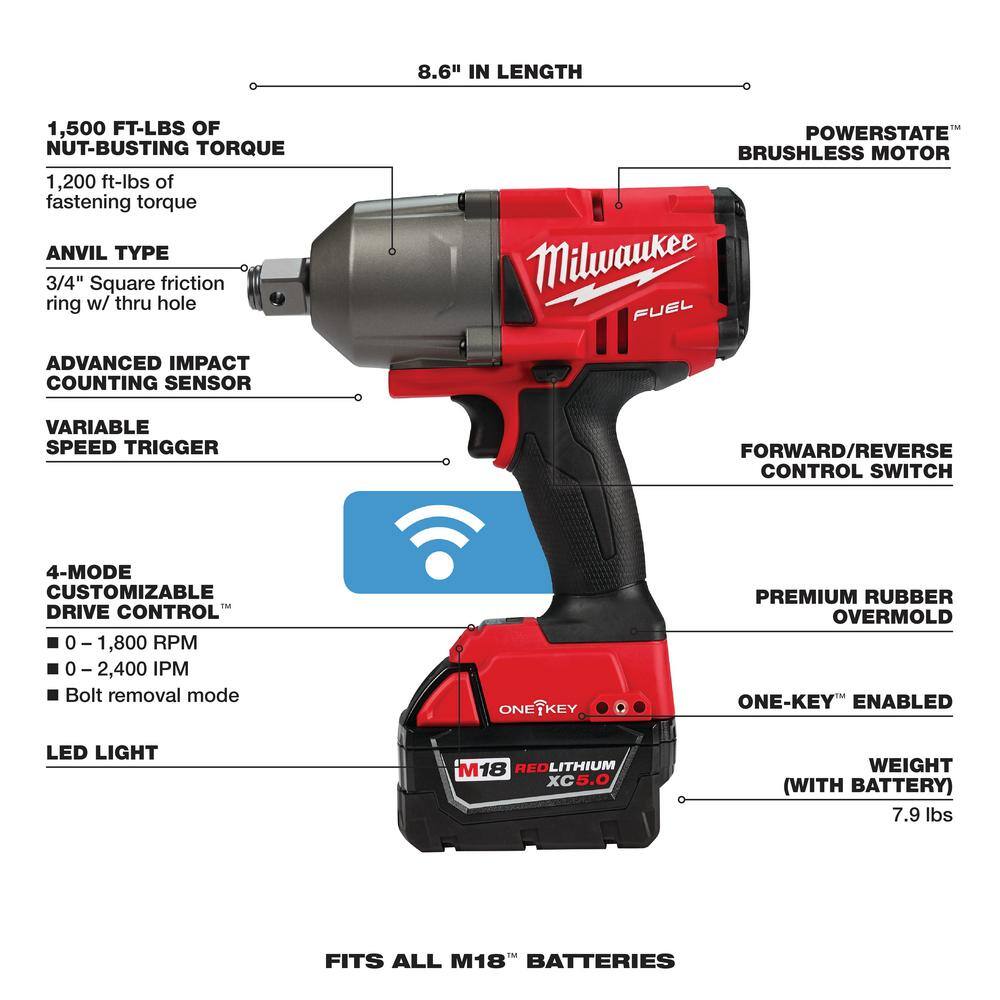 Milwaukee  M18 FUEL ONE-KEY 18V Lithium-Ion Brushless Cordless 3/4 in. Impact Wrench w/ Friction Ring & M18 5.0 Ah Battery