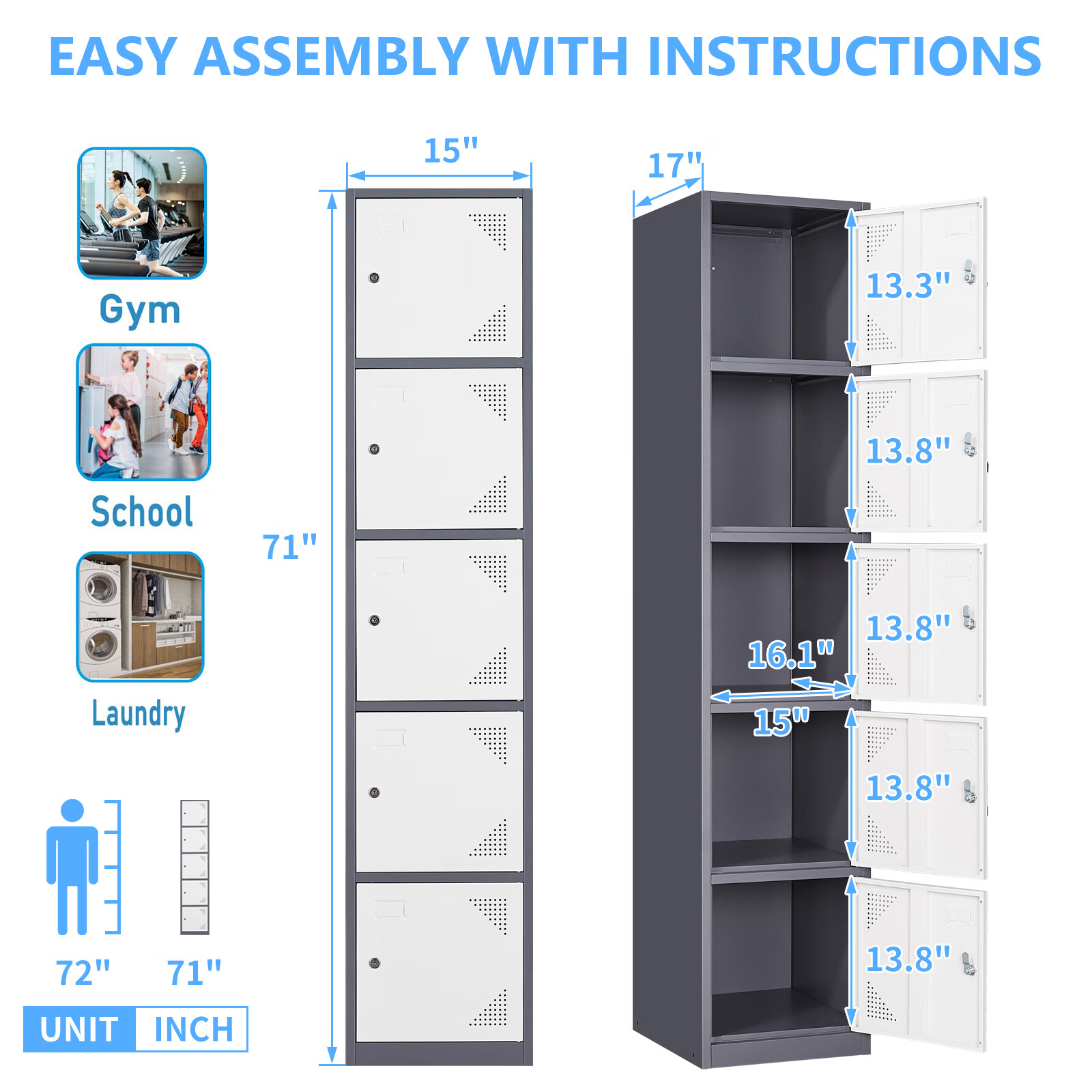 Fesbos Metal Locker 5 Lockable Door.71″ Tall Steel Storage Cabinet for School Office Gym Home Employees Staff Sundries Room