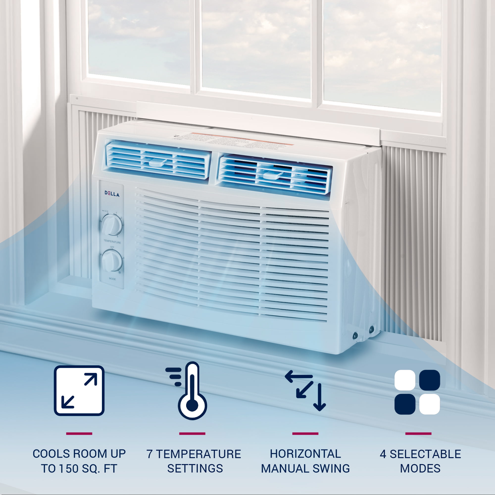 DELLA 5000 BTU Window Air Conditioner Whisper Quiet AC Unit with Mechanical Control. 115V. Openable windows free. Energy Star Certified. Quiet Operation. Cools 100-150 Sq.ft