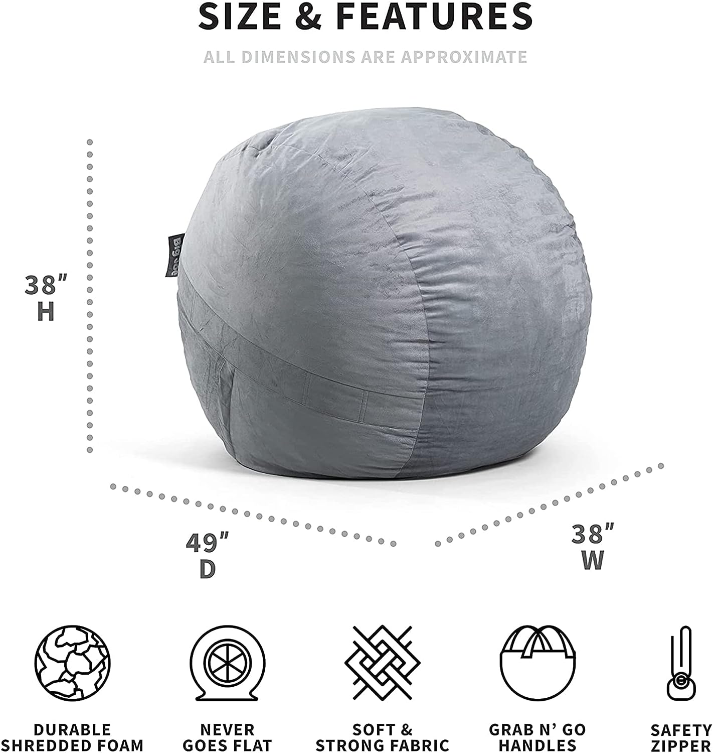 Big Joe Fuf Large Foam Filled Bean Bag Chair with Removable Cover. Gray Plush. Soft Polyester. 4 feet Big