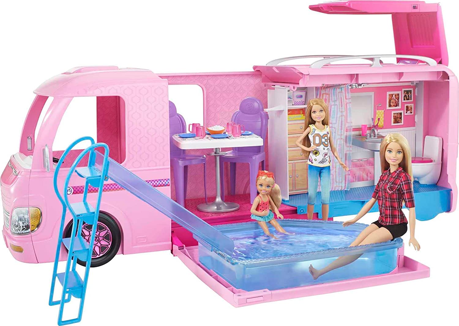Barbie Camper Playset. Dreamcamper Toy Vehicle with 50 Accessories Including Furniture. Pool & Slide. Hammocks & Fireplace