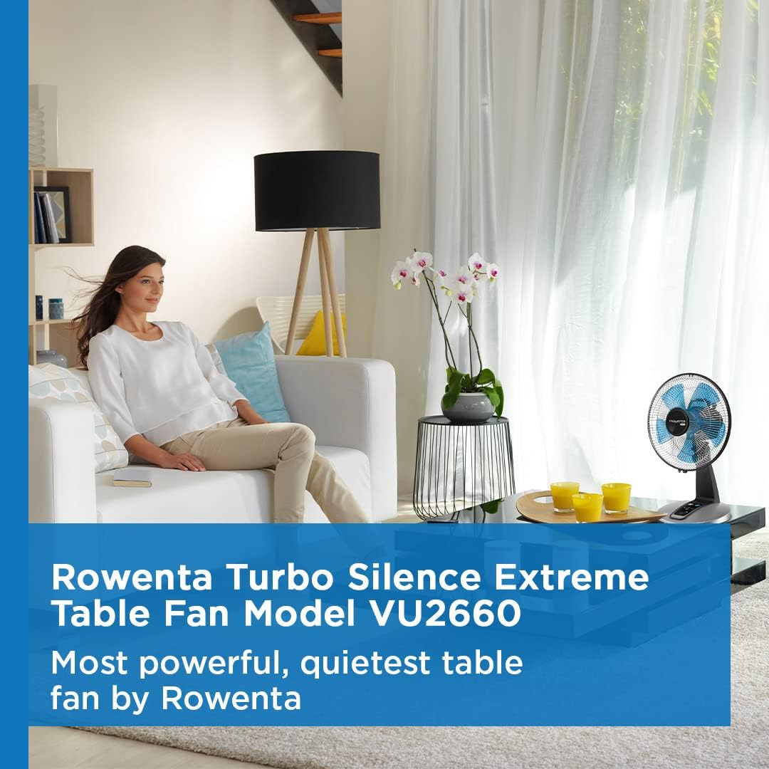 Rowenta Turbo Silence Table Fan with Remote 18 Inches Ultra Quiet Fan Oscillating. Portable. 5 Speeds. Indoor VU2660. Black