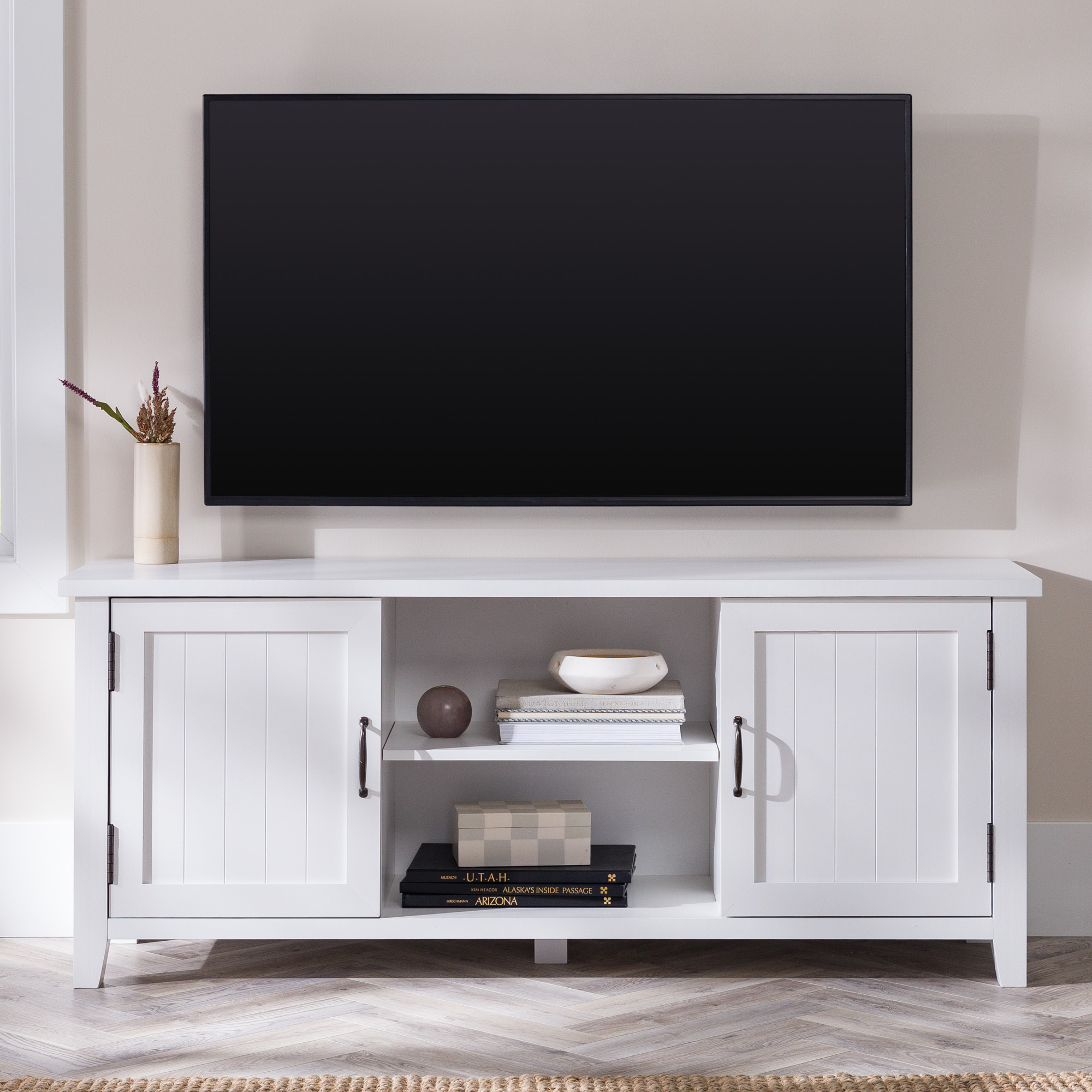 Woven Paths Franklin Grooved 2-Door TV Stand for TVs up to 65″. White