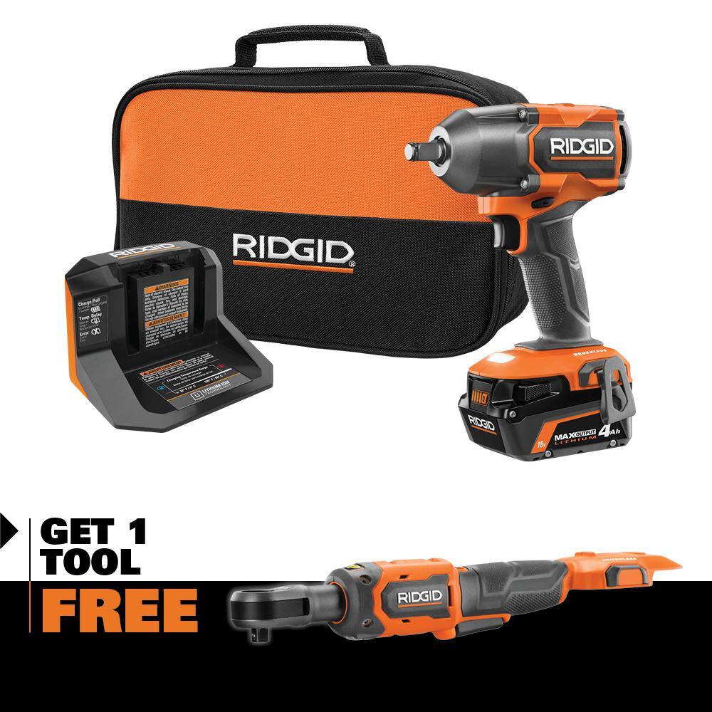 RIDGID R86012K-R866011B 18V Brushless Cordless 2-Tool Combo Kit w/ 1/2 in. Impact Wrench. 3/8 in. Ratchet. 4.0 Ah MAX Output Battery and Charger