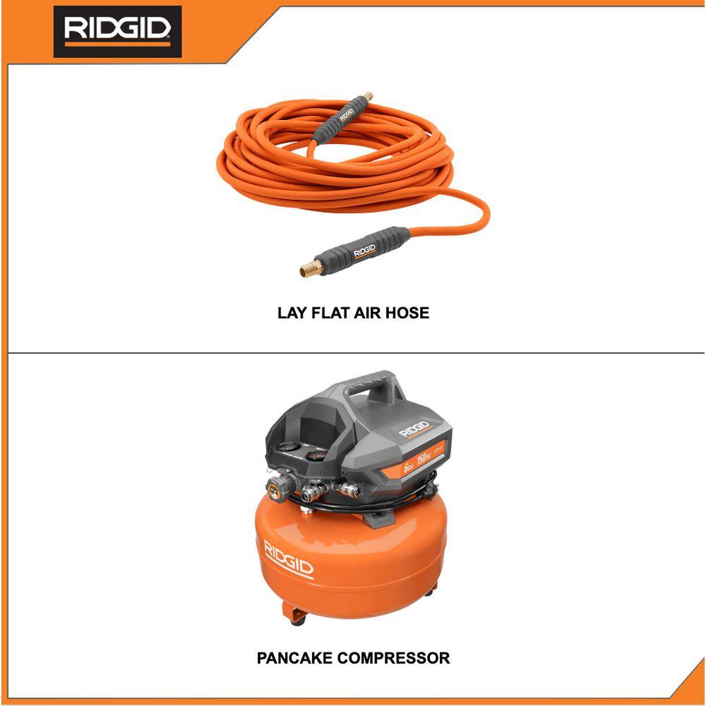 RIDGID OF60150HB-R5025LF 6 Gal. Portable Electric Pancake Air Compressor with 1/4 in. 50 ft. Lay Flat Air Hose