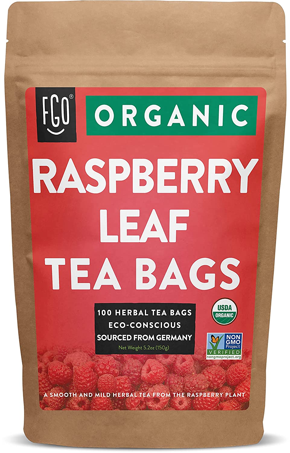 FGO Organic Red Raspberry Leaf Tea Bags 100 Tea Bags Eco-Conscious Tea Bags in Kraft Bag Raw from Germany