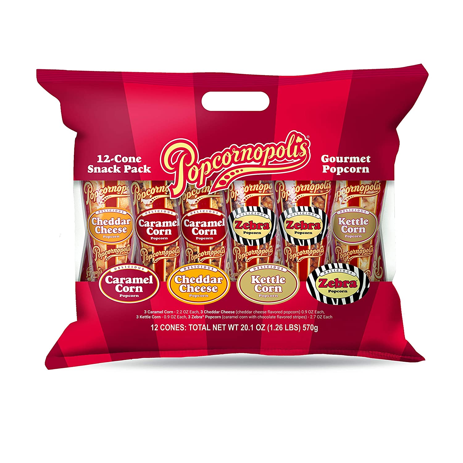 Popcornopolis Gourmet Popcorn Snacks. 12 Cone Variety Snack Packs