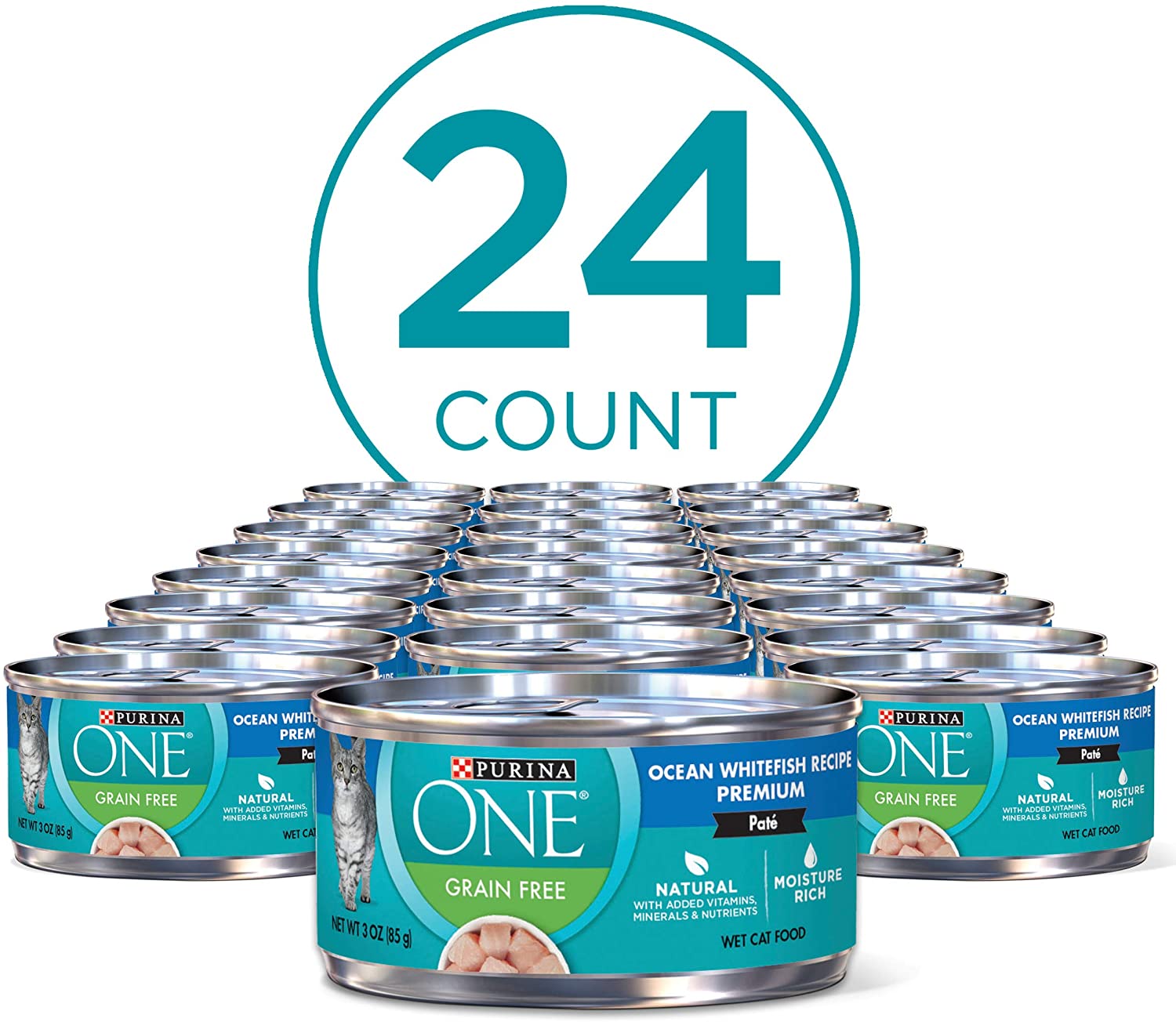 Purina ONE Ocean Whitefish Recipe Natural High Protein. Grain Free Pate Wet Cat Food. (24) 3 oz. Pull-Top Cans