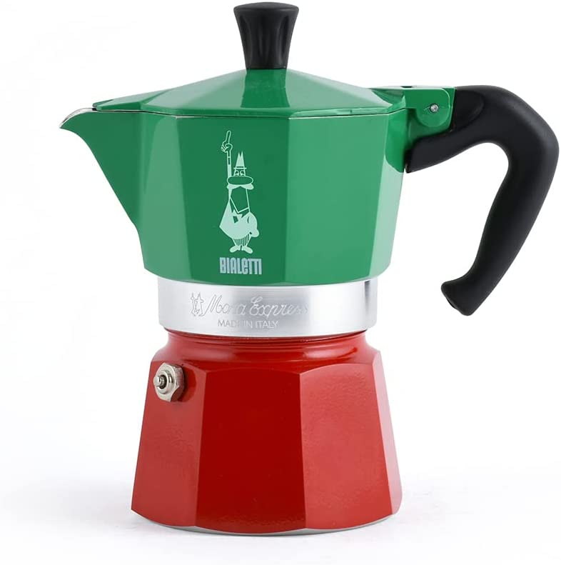 Bialetti Moka Express Italia Collection: Iconic Stovetop Espresso Maker. Makes Real Italian Coffee. Moka Pot 3 Cups (4.3 Oz 130 Ml). Aluminium. Colored in Red Green Silver