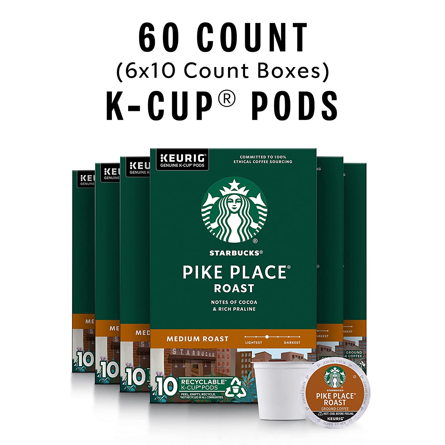 Starbucks K-Cup Coffee Pods. Medium Roast Coffee. Pike Place Roast for Keurig Brewers. 100% Arabica. 6 boxes (60 pods total)