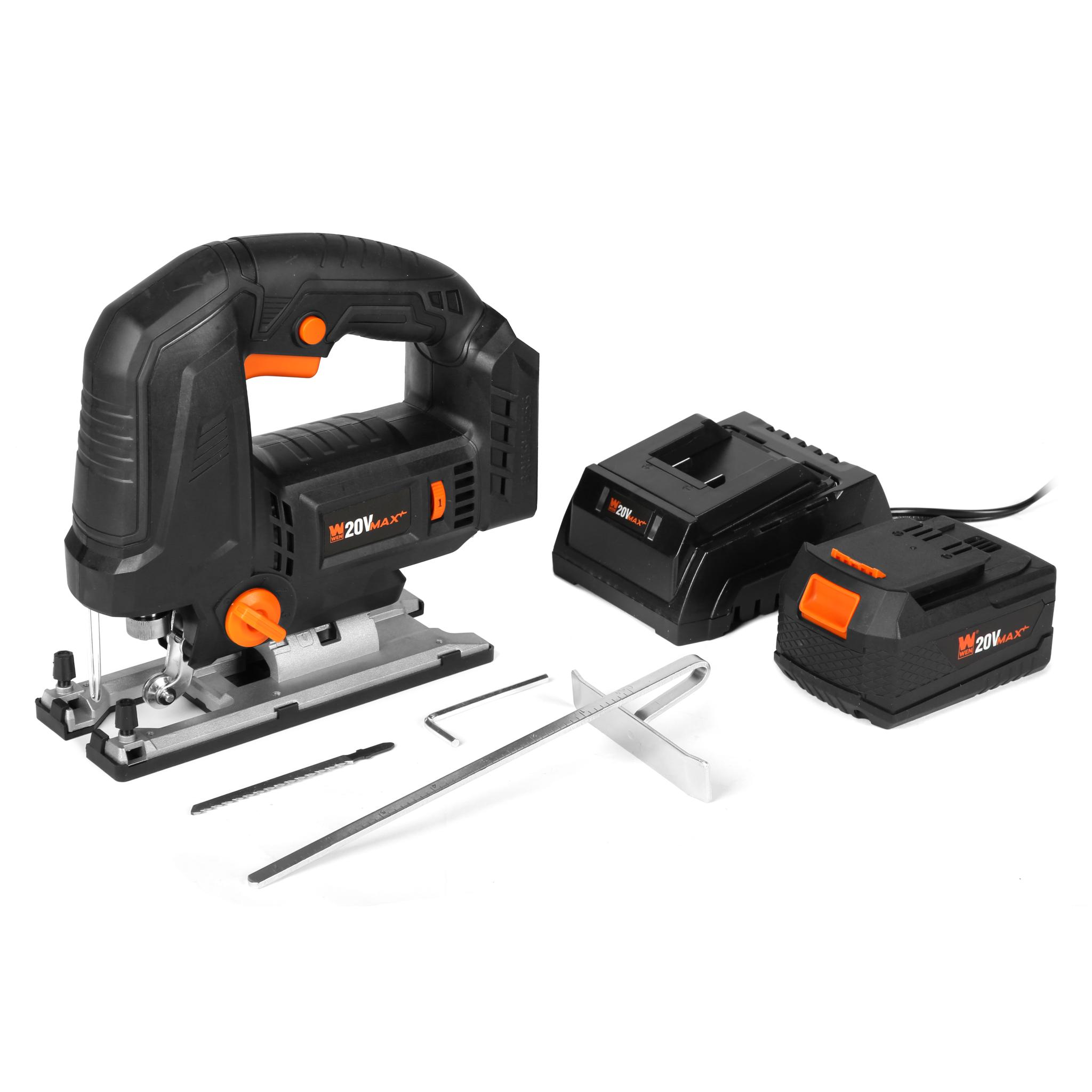 WEN 20V Max Cordless Brushless Auto-Speed Jigsaw with 4.0Ah Lithium Ion Battery and Charger