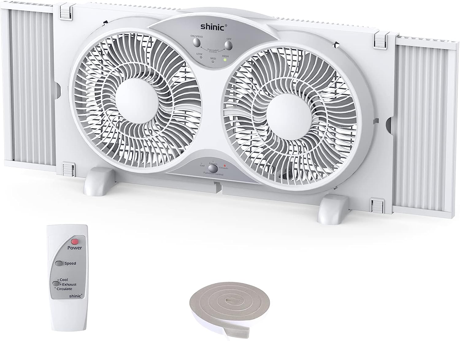 shinic Window Fan with Reversible Airflow Quiet. Twin 9″ Blades. Full Remote Control. 3 Functions-3 Speeds. Bathroom Kitchen Window Exhaust Fan. Width Adjustable (From 24″ to 37″) ETL Certified
