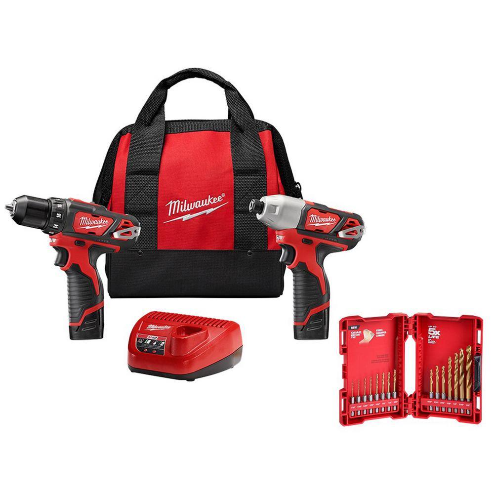 Milwaukee 2494-22-48-89-4630 M12 12V Lithium-Ion Cordless Drill Driver/Impact Driver Combo Kit (2-Tool) with Titanium Drill Bit Set (15-Piece)