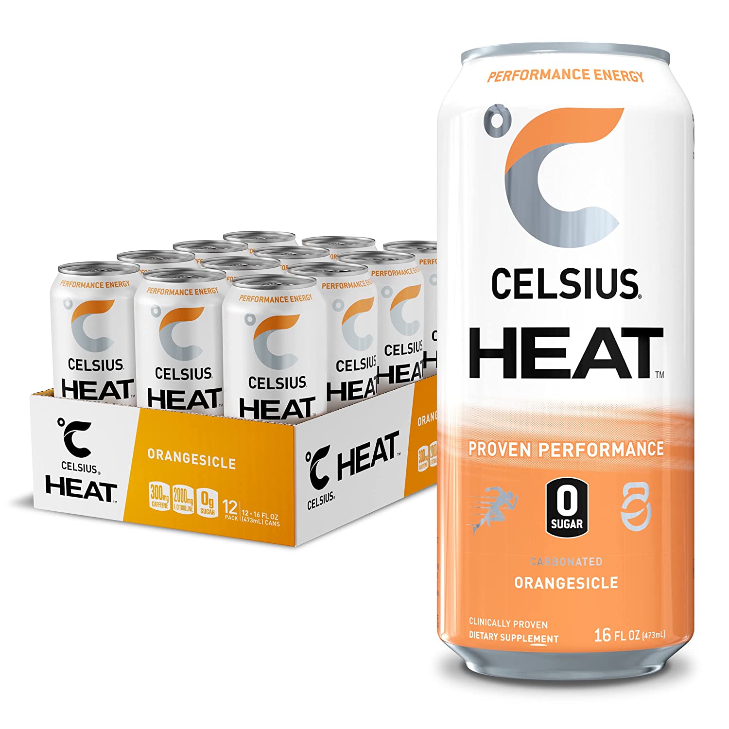 CELSIUS HEAT Orangesicle Performance Energy Drink. Zero Sugar. 16oz. Can (Pack of 12)