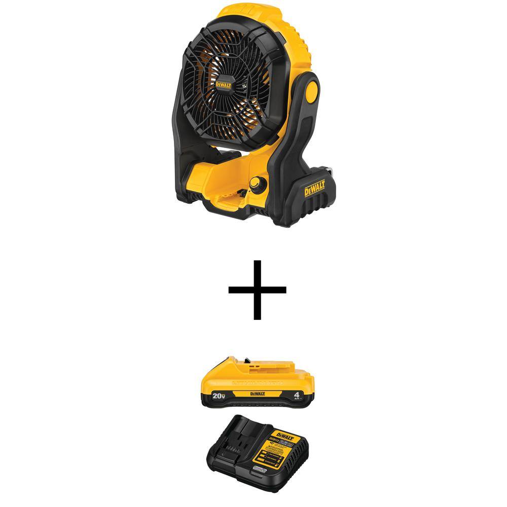 DEWALT DCE512BW240C 20V MAX Jobsite Fan. (1) 20V MAX Compact Lithium-Ion 4.0Ah Battery. and 12V-20V MAX Charger