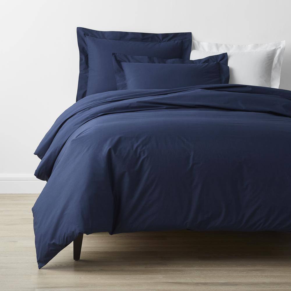 The Company Store  Company Cotton 3-Piece Navy Solid 300-Thread Count Cotton Percale Twin Sheet Set - Navy