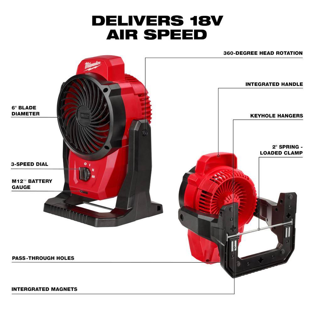 Milwaukee 0820-20-48-11-2420 M12 12-Volt Lithium-Ion Cordless Jobsite Fan W/M12 2.0 Ah Compact Battery Pack