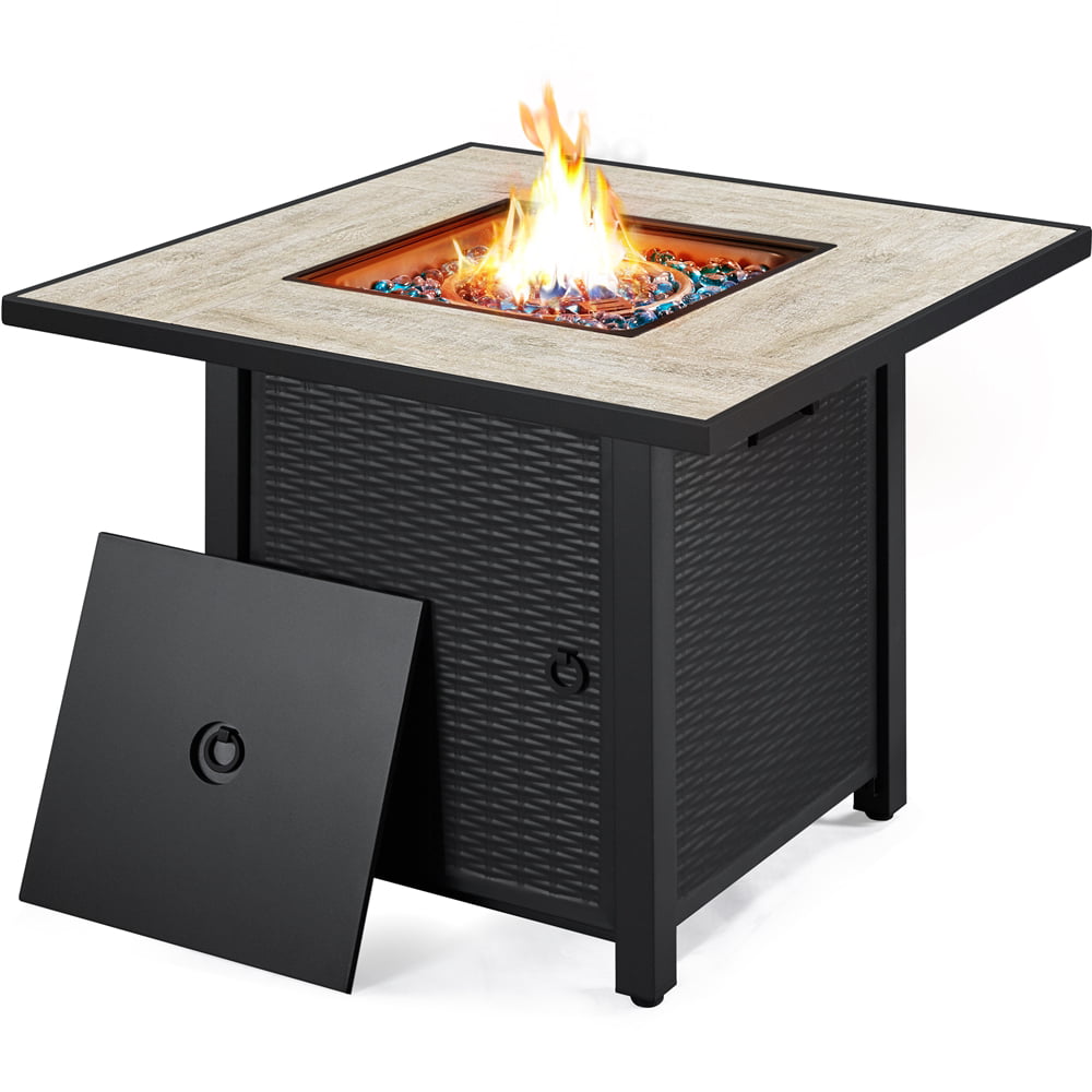 SMILE MART 30″ Propane Gas Fire Pit Table with Ceramic Tabletop Rattan Pattern Steel Base for Garden/Patio/Courtyard. Black