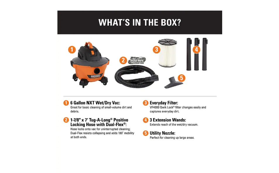 RIDGID HD06001 6 Gal. 3.5-Peak HP NXT Wet/Dry Shop Vacuum with Filter. Hose and Accessories