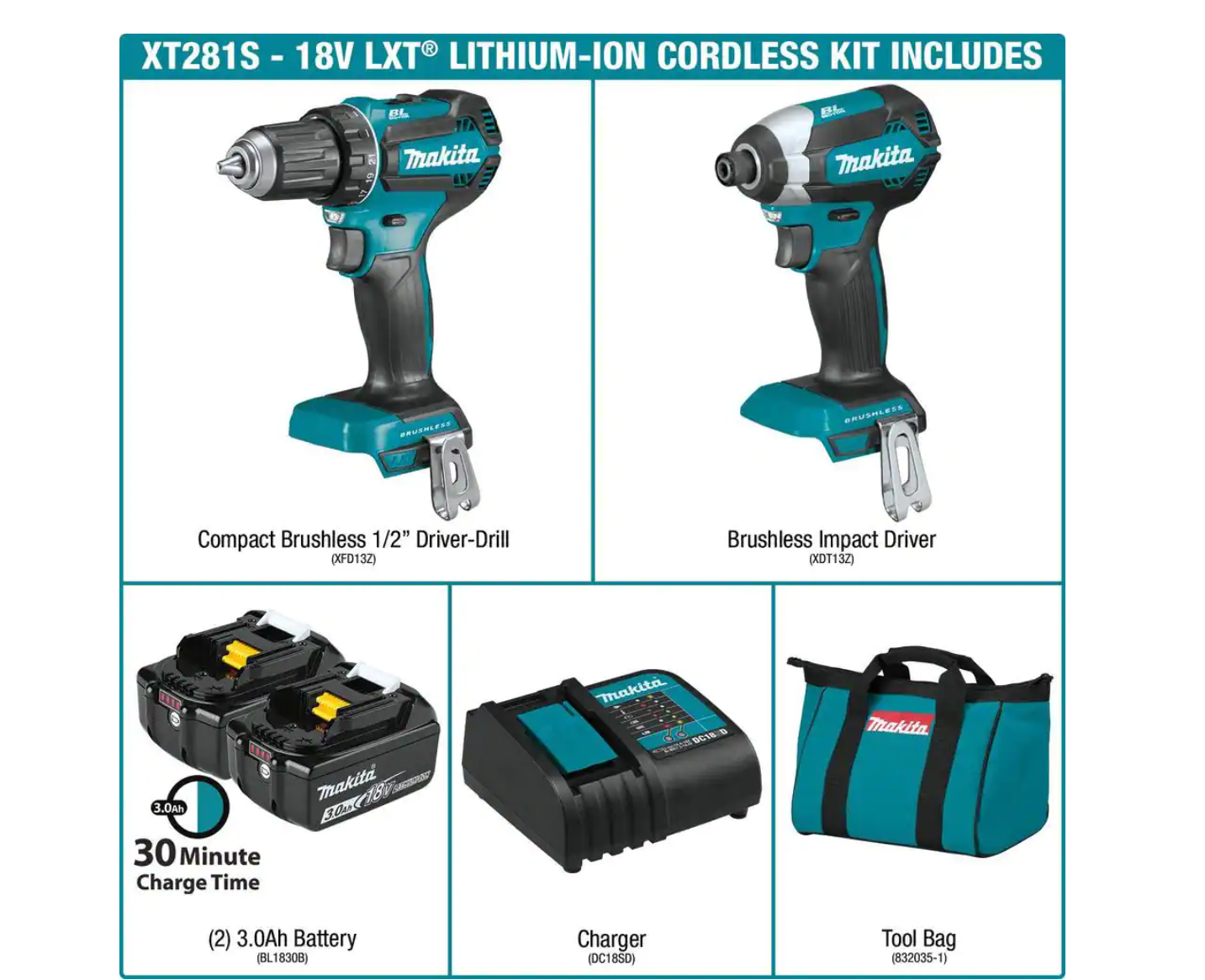 Makita XT281S 18V LXT Lithium-ion Brushless Cordless 2-Piece Combo Kit 3.0Ah Driver-Drill/ Impact Driver