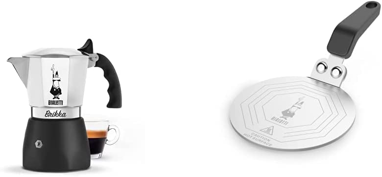 Bialetti - New Brikka. Moka Pot. the Only Stovetop Coffee Maker. 2 Cups (3.38 Oz). Aluminum and Black & Stainless Steel Plate. Heat Diffuser Cooking Induction Adapter. Steel