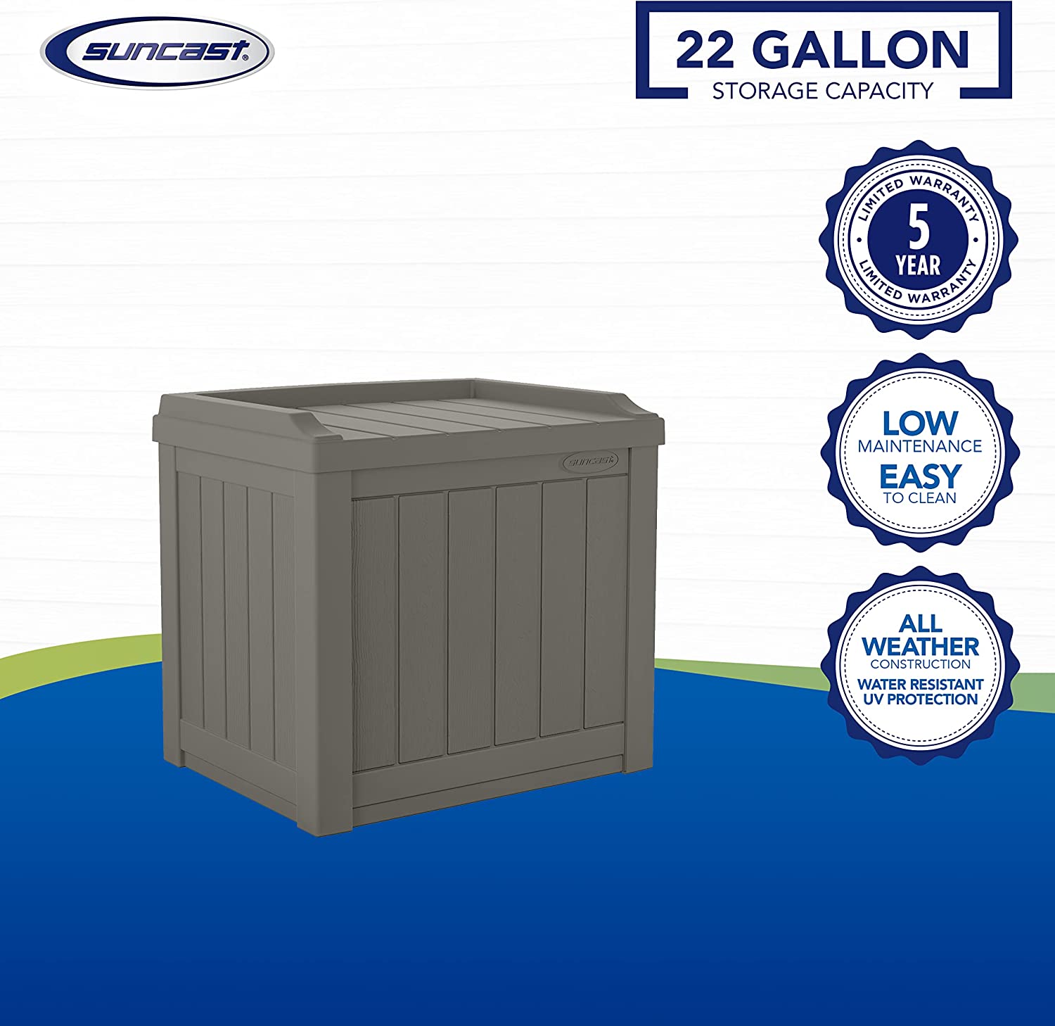 Suncast 22-Gallon Small Deck Box - Lightweight Resin Indoor/Outdoor Storage Container and Seat for Patio Cushions and Gardening Tools - Store Items on Garage. Yard - Stone Gray