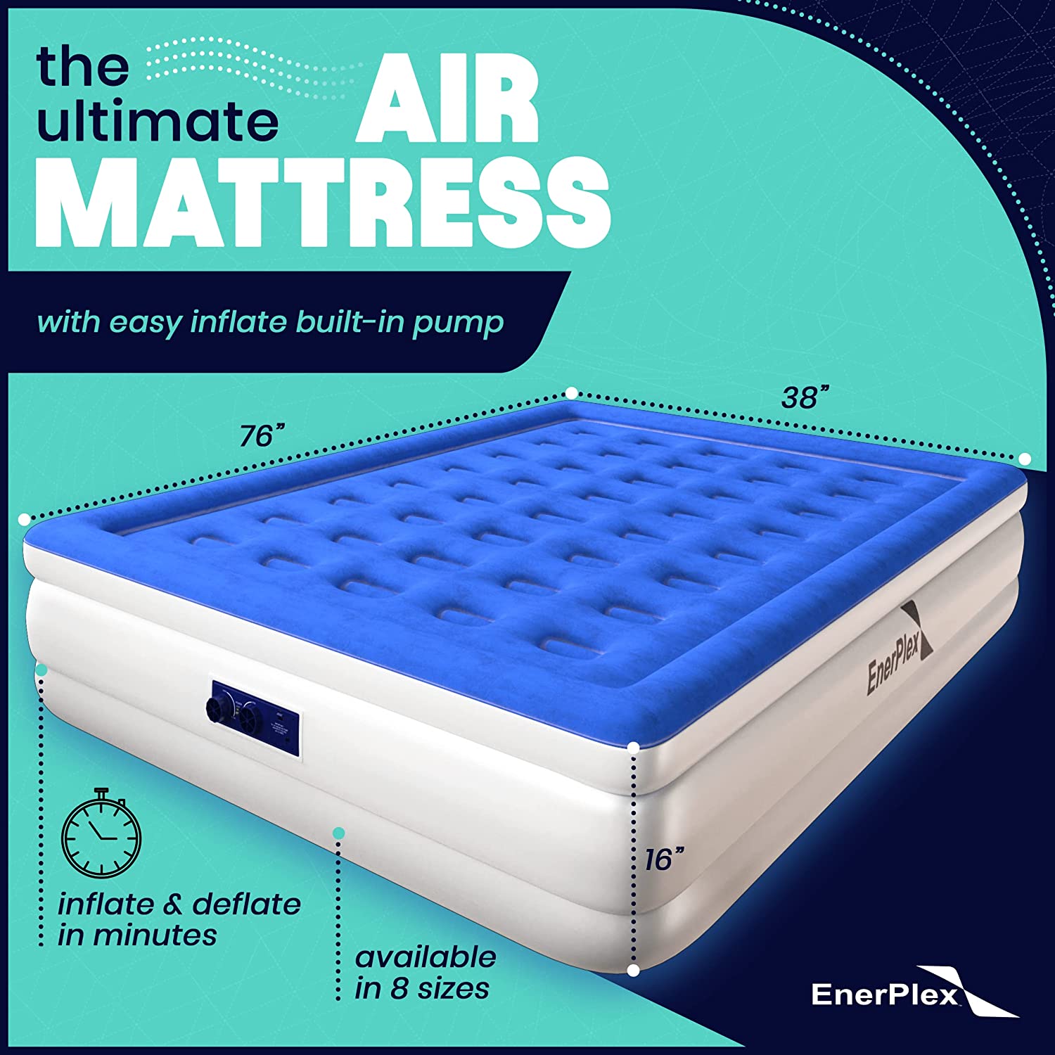 EnerPlex Air Mattress with Built-in Pump - Double Height Inflatable Mattress for Camping. Home & Portable Travel - Durable Blow Up Bed with Dual Pump - Easy to Inflate/Quick Set UP