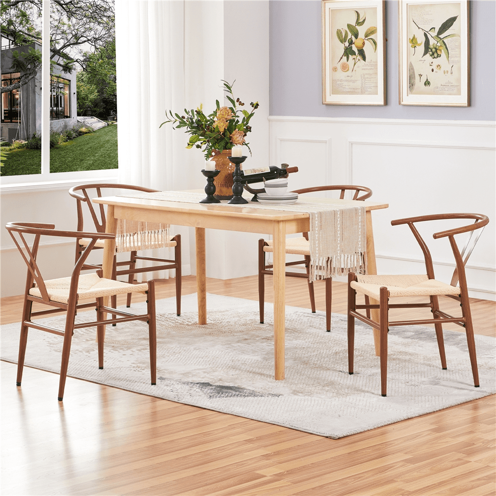 SMILE MART Mid-Century Metal Weave Dining Chair with Y-Shaped Backrest. 2PCS. Metallic Brown