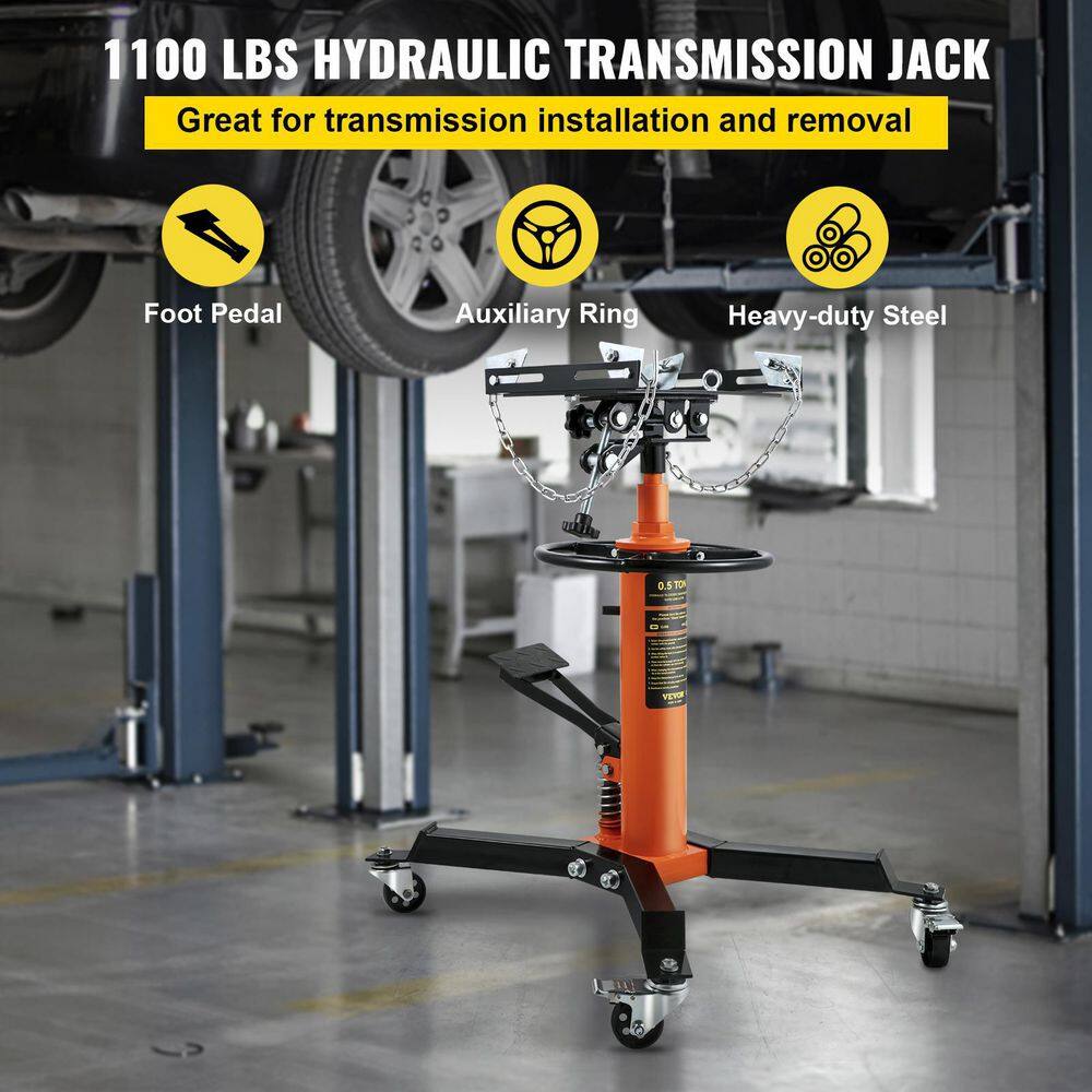 VEVOR MSDGYYCDQJ05TZ25VV0 Transmission Jack 1100 lbs. Hydraulic Telescopic Floor Jack 2-Stage Stand w/ Foot Pedal 360-Degree Wheel for Garage Shop
