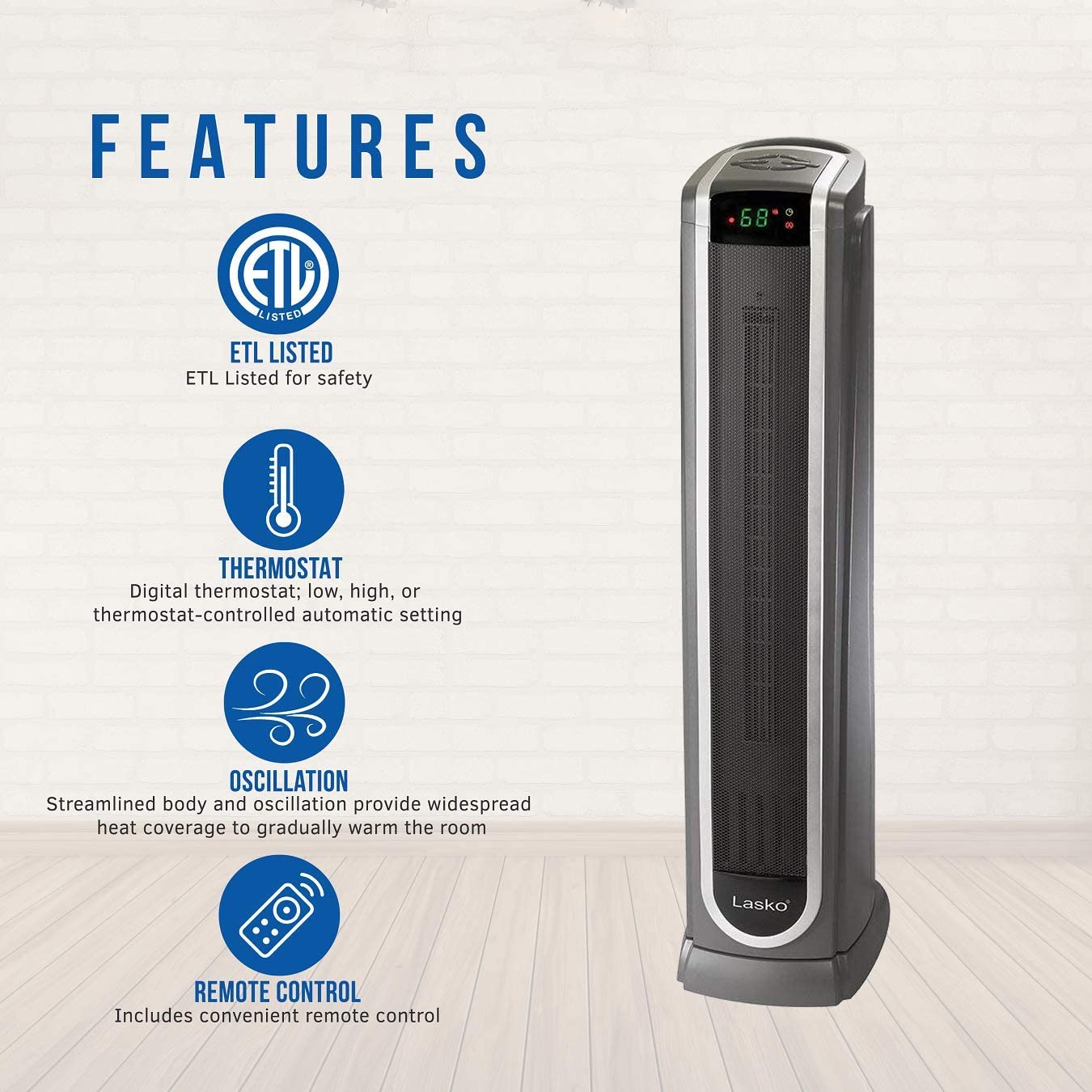 Lasko Ceramic Tower Space Heater with Logic Center Digital Remote Control-Features Built-in Timer and Oscillation. 7.3″L x 9.2″W x 29.75″H. Black 5572