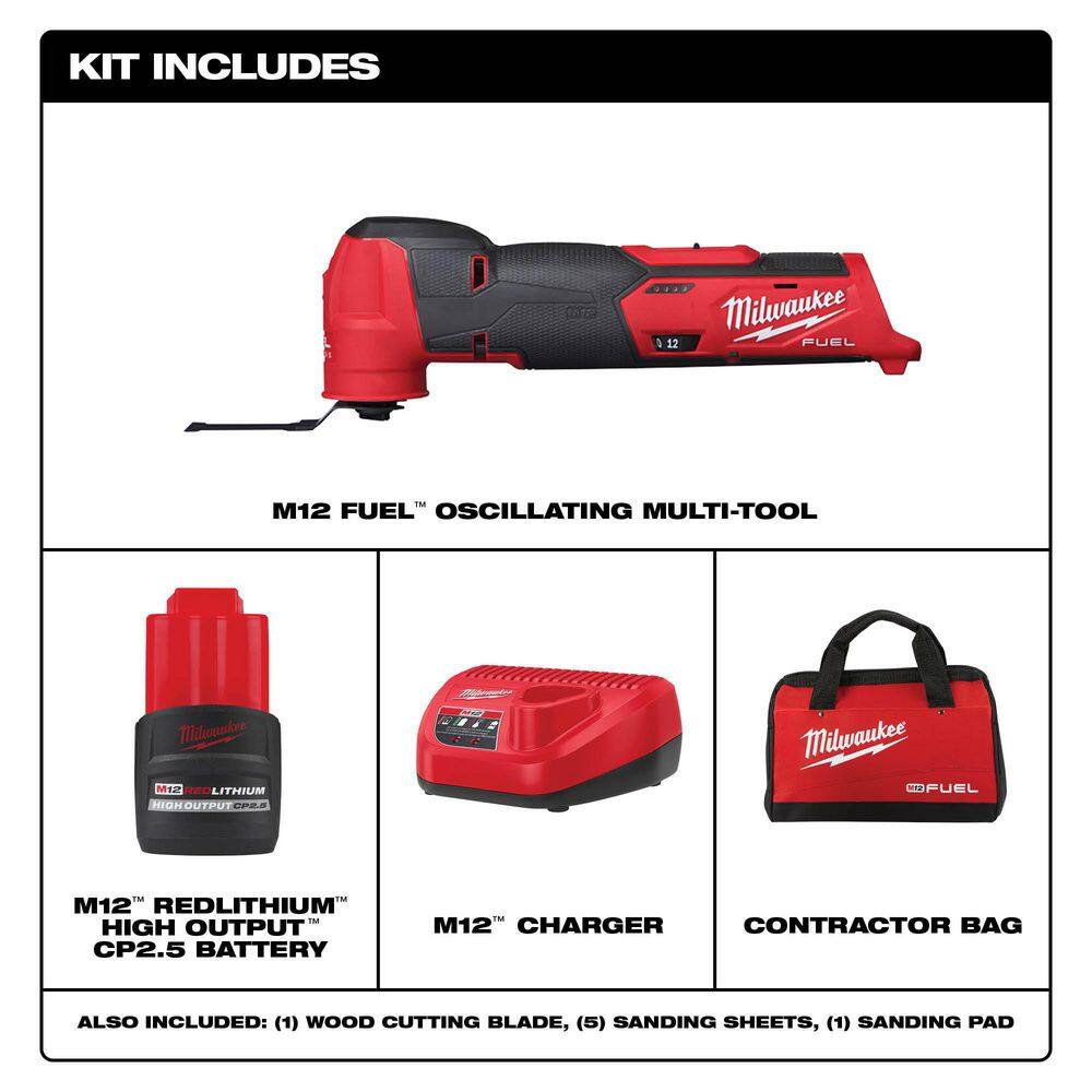 Milwaukee 2526-21HO M12 FUEL 12V Lithium-Ion Cordless Oscillating Multi-Tool Kit w/High Output 2.5 Ah Battery. Charger. Accessories & Bag