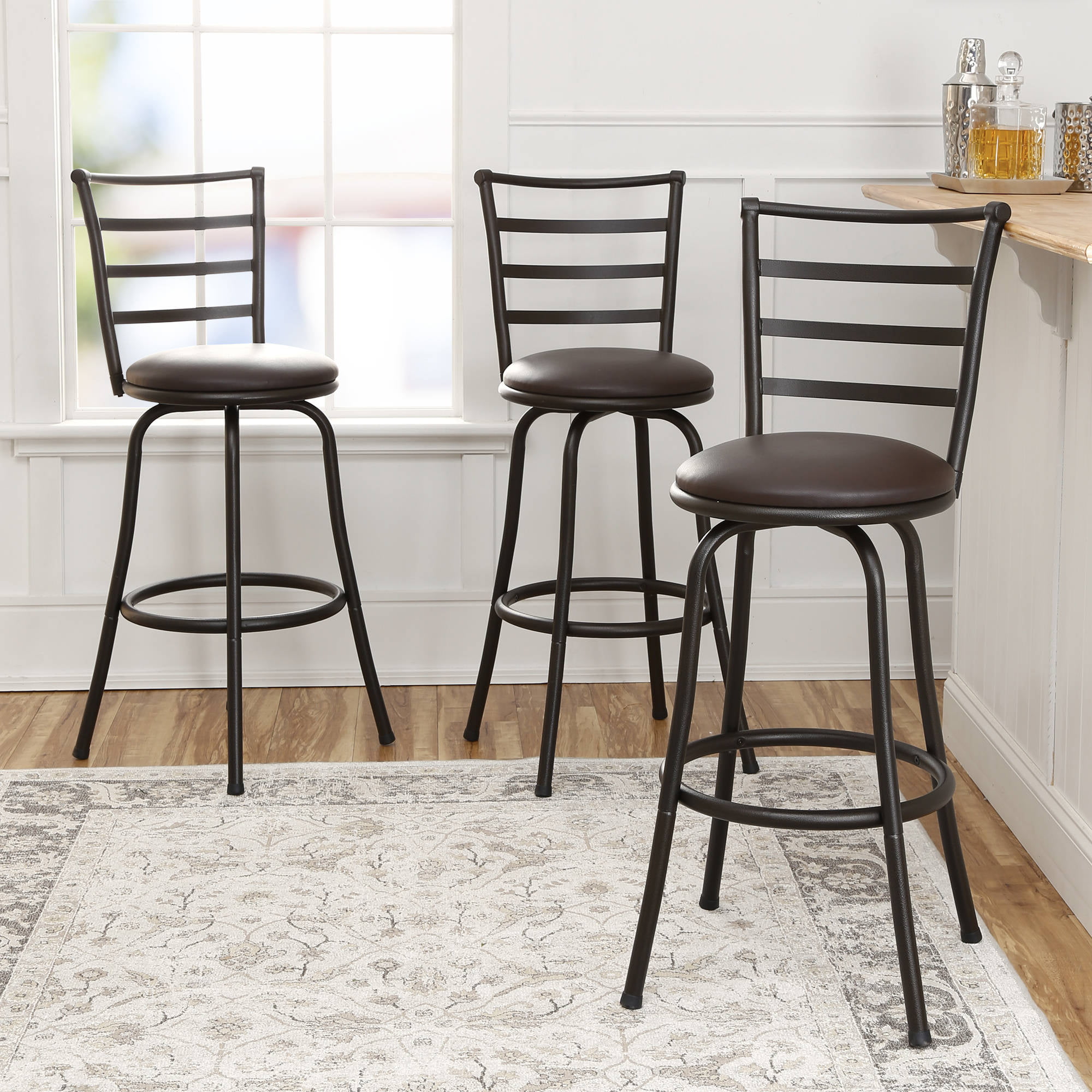Mainstays Adjustable 24″ or 29″ Swivel Barstool. Bronze Finish and PU Leather. Set of 3