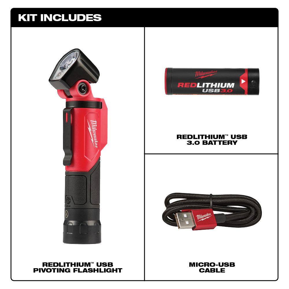 Milwaukee 2113-21-2112-21 500 Lumens LED Pivoting REDLITHIUM USB Flashlight & 445 Lumens LED Rover Rechargeable Pocket Flood Light (2-Pack)