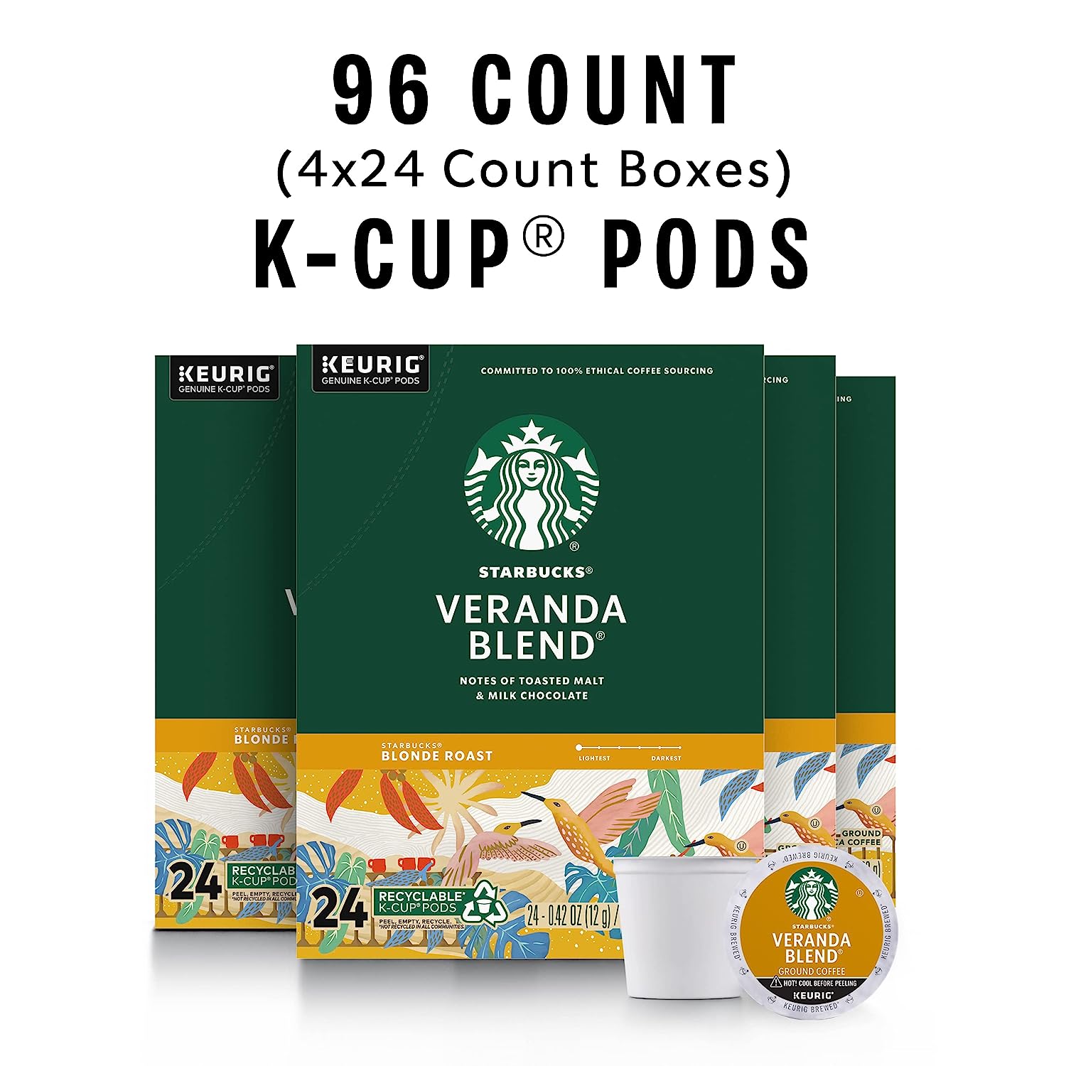Starbucks K-Cup Coffee Pods—Starbucks Blonde Roast Coffee—Veranda Blend for Keurig Brewers—100% Arabica—4 boxes (96 pods total)