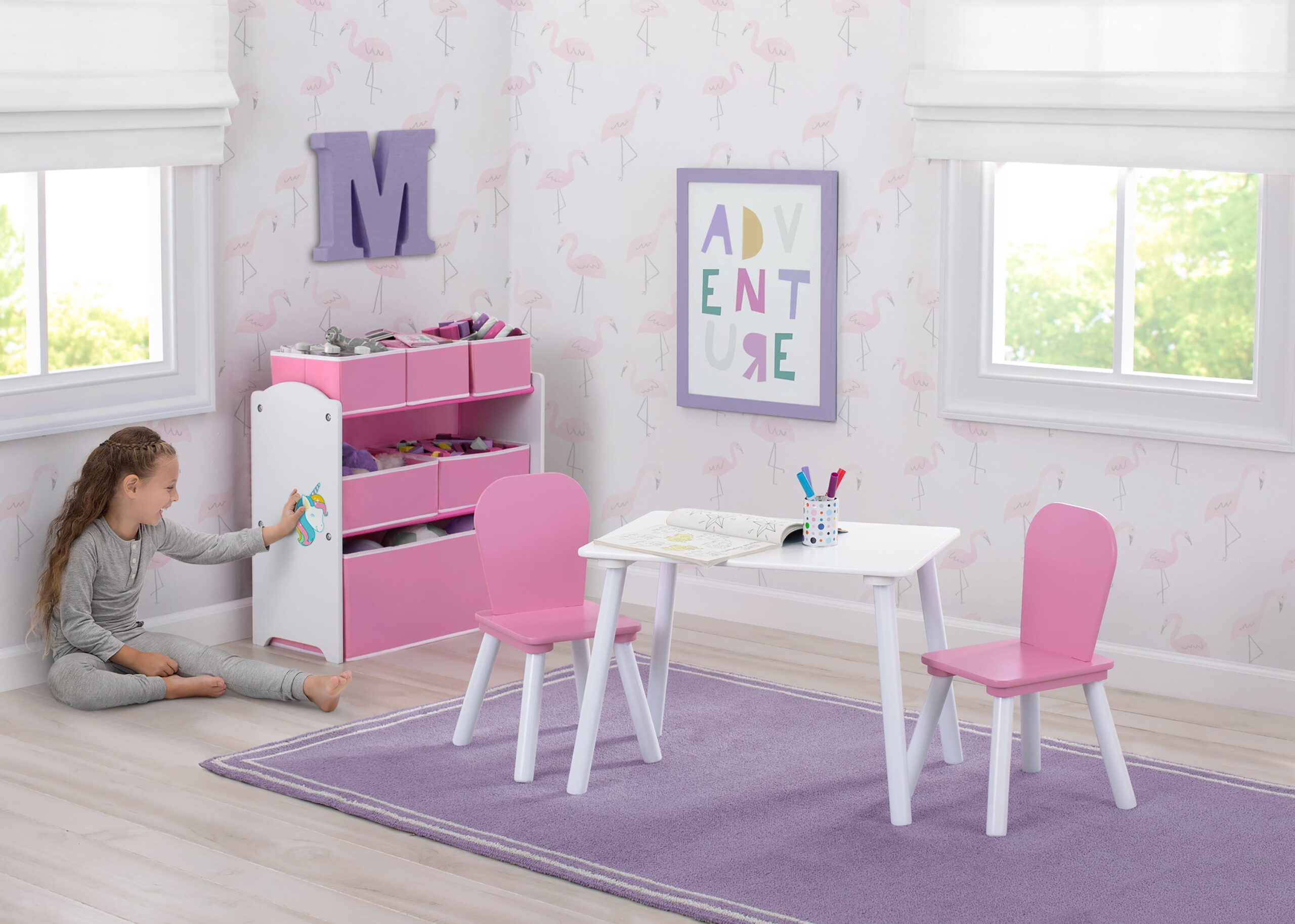 Delta Children 4-Piece Toddler Playroom Set – Includes Play Table and Toy Organizer. Pink/White