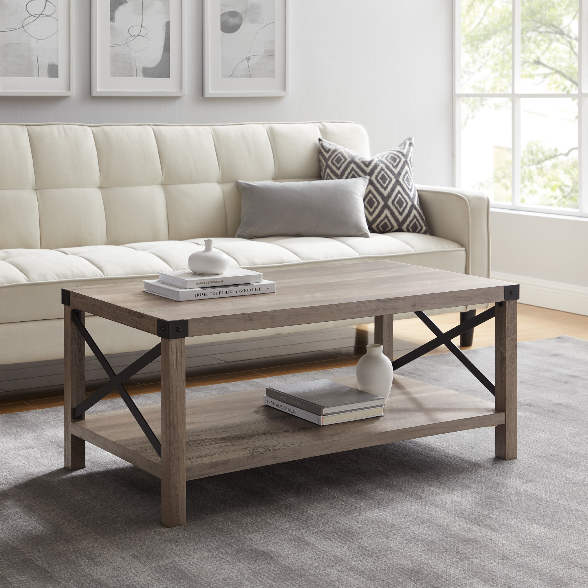 Desert Fields Magnolia Metal X Coffee Table. Gray Wash