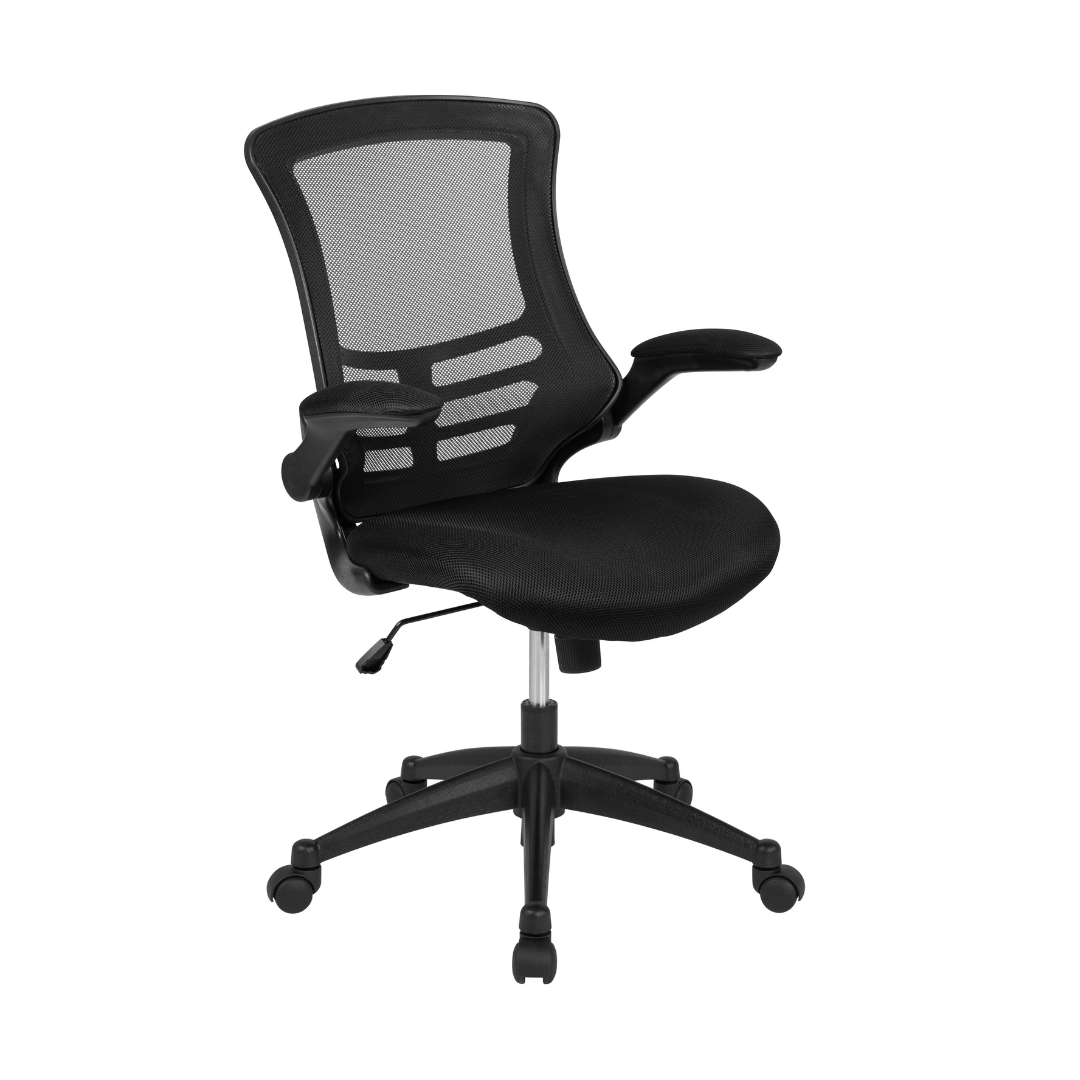 Flash Furniture Kelista Mid-Back Black Mesh Swivel Ergonomic Task Office Chair with Flip-Up Arms. BIFMA Certified