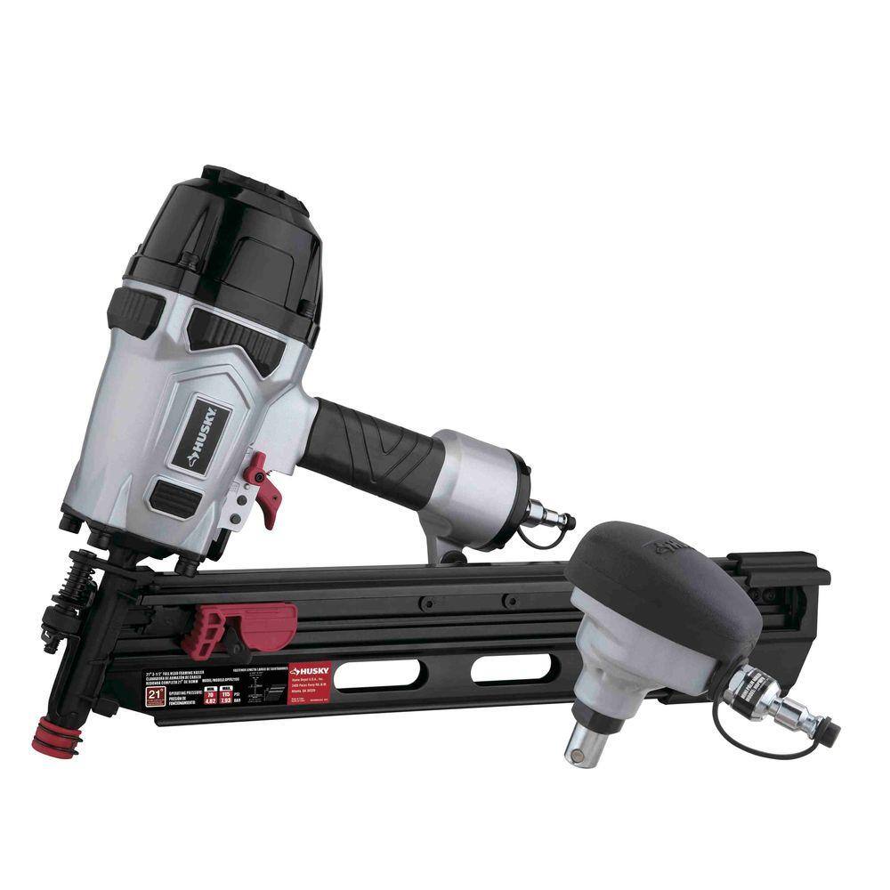 Husky DPFRPNCB Pneumatic 21-Degree 3-1/2 in. Full Round Head Framing Nailer and Pneumatic Mini Palm Nailer Kit with Nails