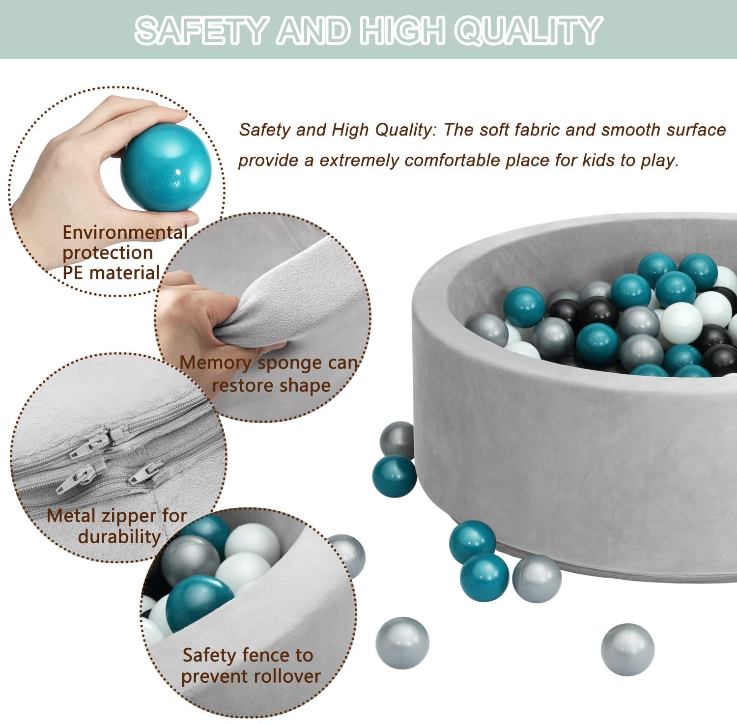 Foam Ball Pit. with 200 Balls Included. Memory Foam Ball Pits for Toddlers Soft Children Round Playpen 35 x 12 inch. Fun for Babies. Ocean Blue