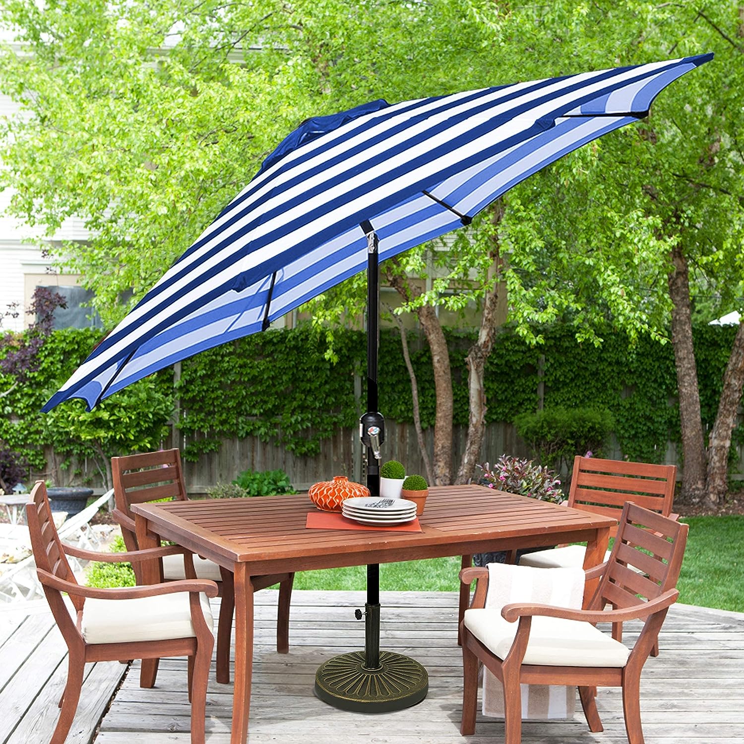 Blissun 9′ Outdoor Aluminum Patio Umbrella. Striped Patio Umbrella. Market Striped Umbrella with Push Button Tilt and Crank (Blue & White Stripe)