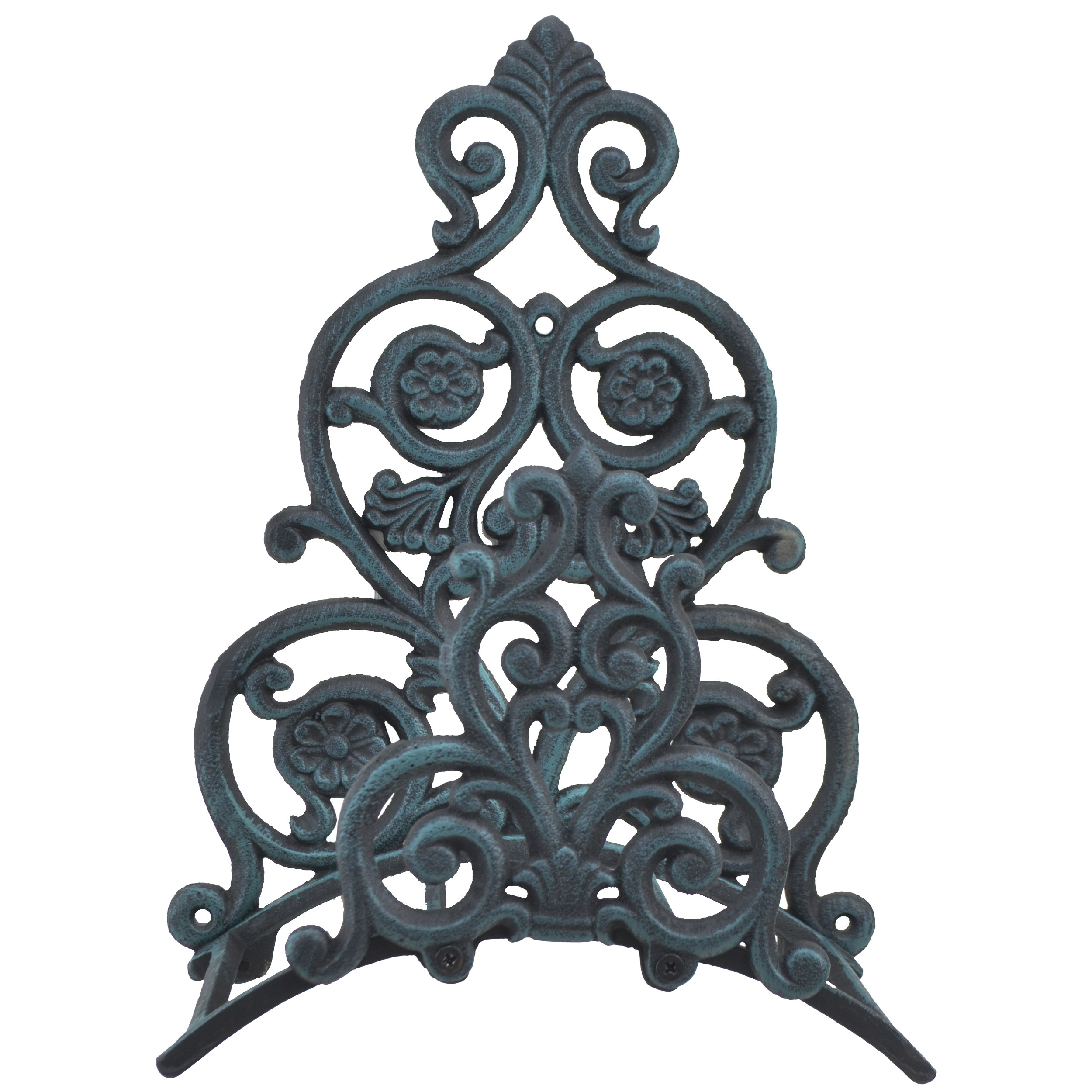 Floral & Spade Garden Hose Holder - Verdigris Cast Iron - 13.25″ Tall