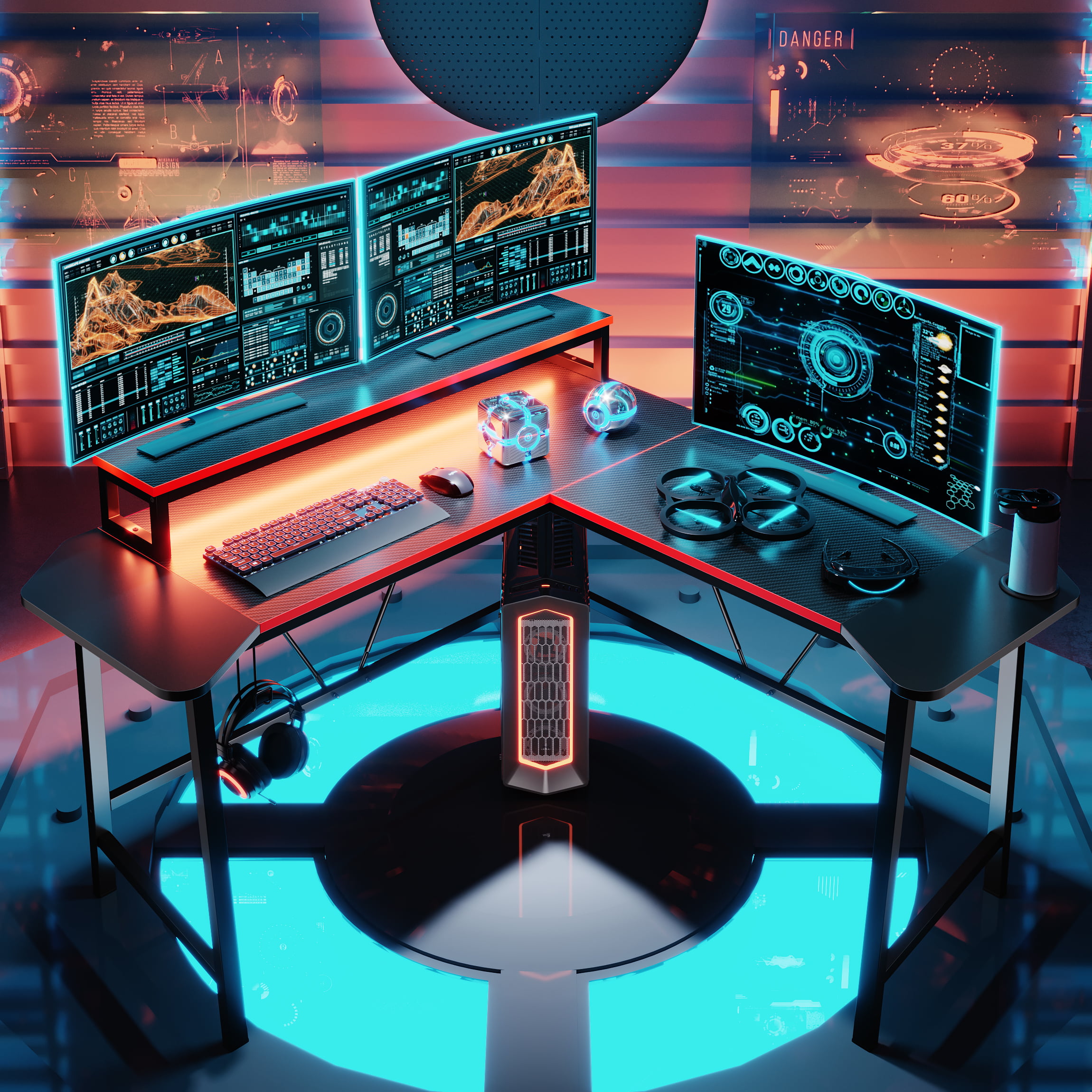 Bestier 56.6″ L Shaped Gaming Desk with LED Lights Home Office Table.Carbon Fiber