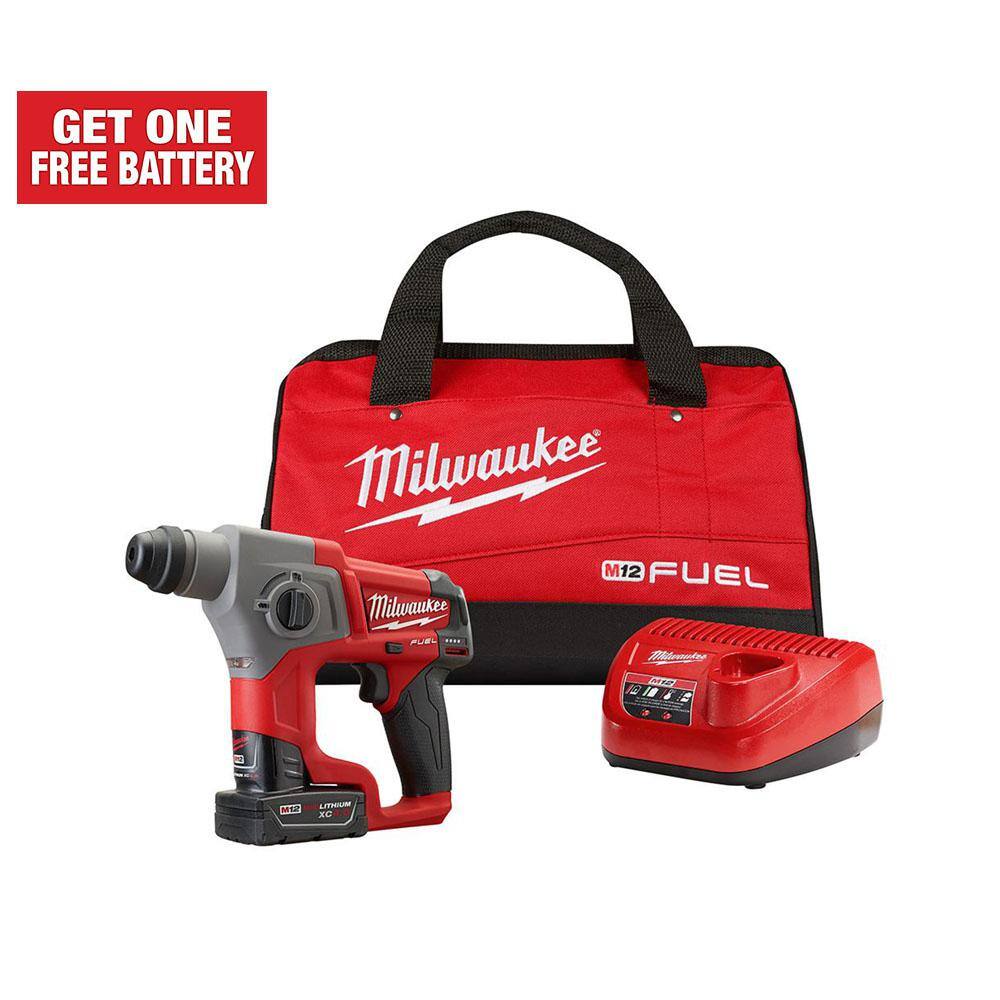 Milwaukee 2416-21XC M12 FUEL 12V Lithium-Ion Brushless Cordless 5/8 in. SDS-Plus Rotary Hammer Kit with One 4.0Ah Battery and Bag