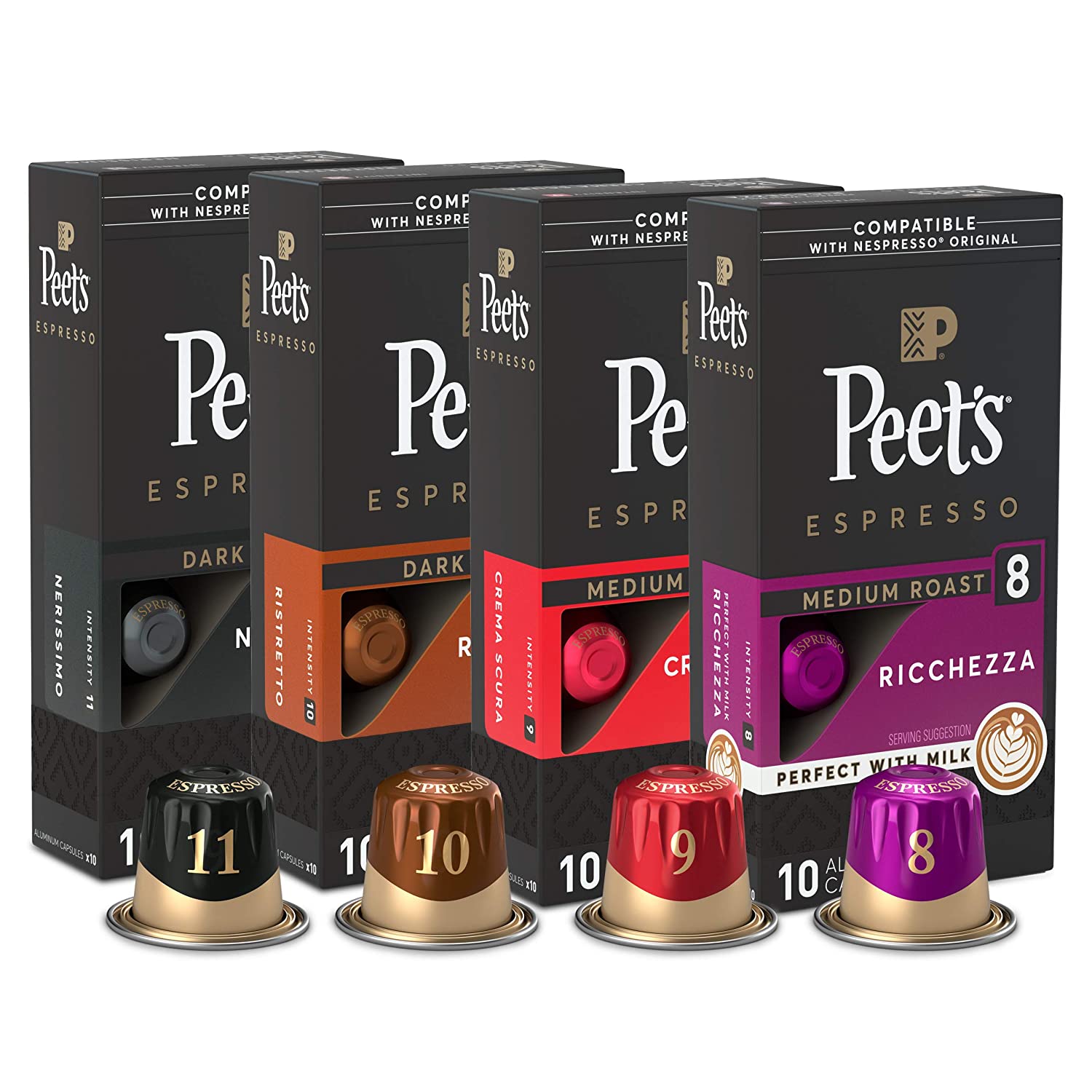 Peet-s Coffee Espresso Capsules Variety Pack. 40 Count Single Cup Coffee Pods. Compatible with Nespresso Original Brewers. Crema Scura. Nerissimo. Ricchezza. Ristretto