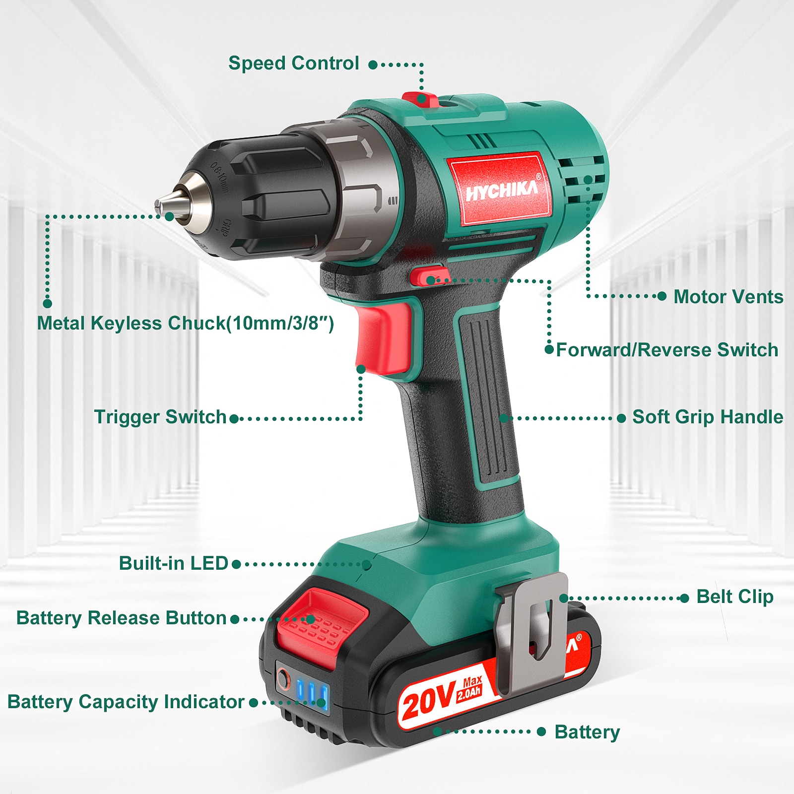 HYCHIKA 20-volt Max 3/8-in Right Angle Cordless Drill (1 Li-ion Battery Included and Charger Included)