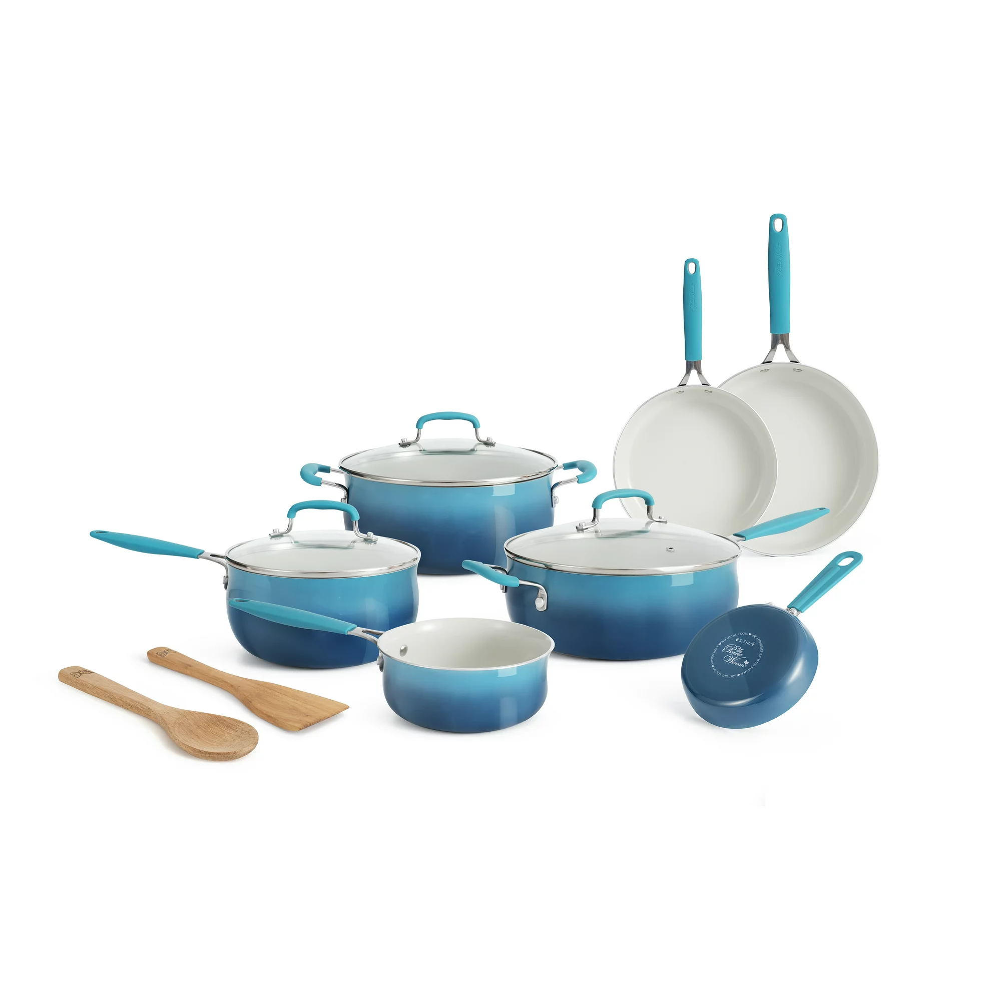 The Pioneer Woman 12-Piece Classic Belly Ceramic Cookware Set. Porcelain Enamel. Ombre Teal