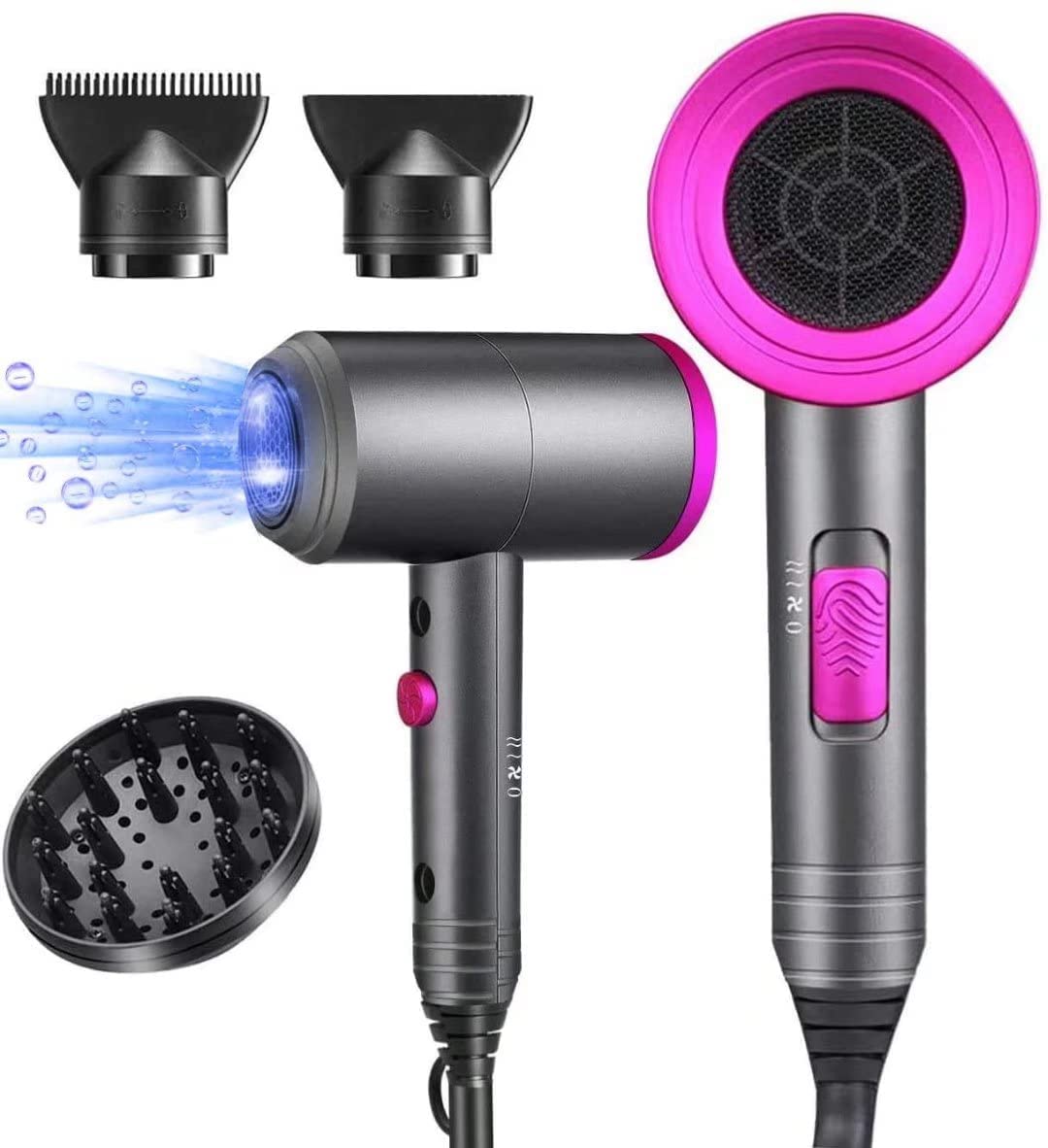 Karrong Ionic Hair Dryer. 1800W Professional Blow Dryer (with Powerful AC Motor). Negative Ion Technolog. 3 Heating/2 Speed/Cold Settings. Contain 2 Nozzles and 1 Diffuser. for Home Salon Travel Woman Kids