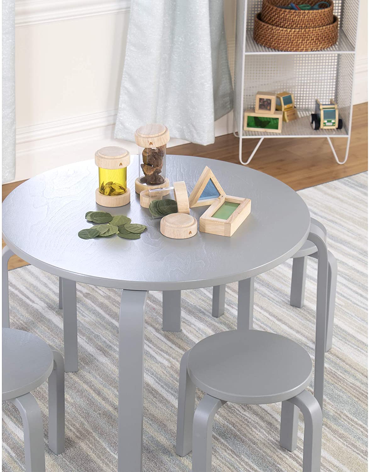 Guidecraft Nordic Table and Chairs Set for Kids: Gray - Stacking Bentwood Stools with Curved Wood Activity Play Table - Children-s Modern Kitchen. Playroom and Classroom Furniture