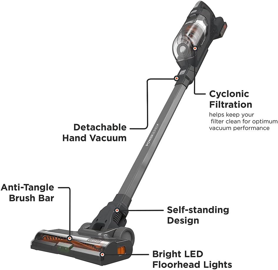 BLACK+DECKER POWERSERIES+ 20V MAX Cordless Vacuum. LED Floor Lights. Lightweight. Portable. Battery Included (BHFEA18D1). Gray